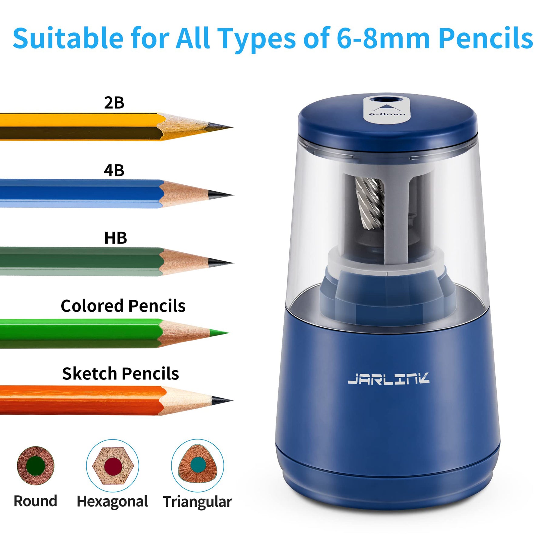 JARLINK Electric Pencil Sharpener, Heavy-duty Helical Blade to Fast Sharpen, Auto Stop for No.2/Colored Pencils(6-8mm), USB/Battery Operated in School Classroom/Office/Home