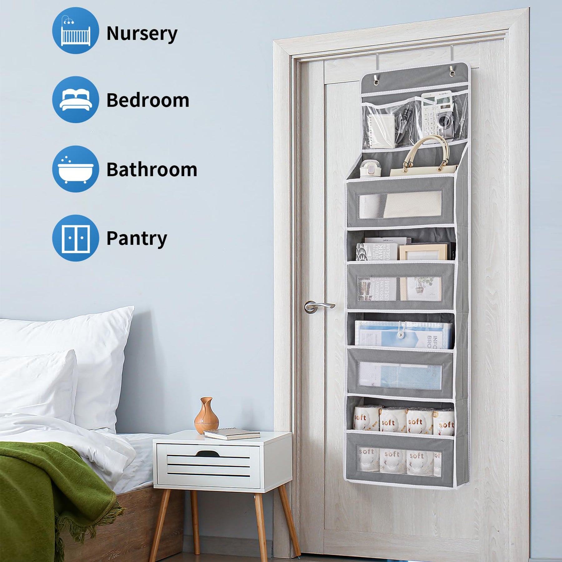 JARLINK 5-Shelf Over Door Organizer Storage, Upgrade Hanging Storage with Clear Window, 50 lbs Load Storage Organizer for Bedroom, Bathroom, Nursery, Baby Kids Toys, Diapers, Pantry, Grey