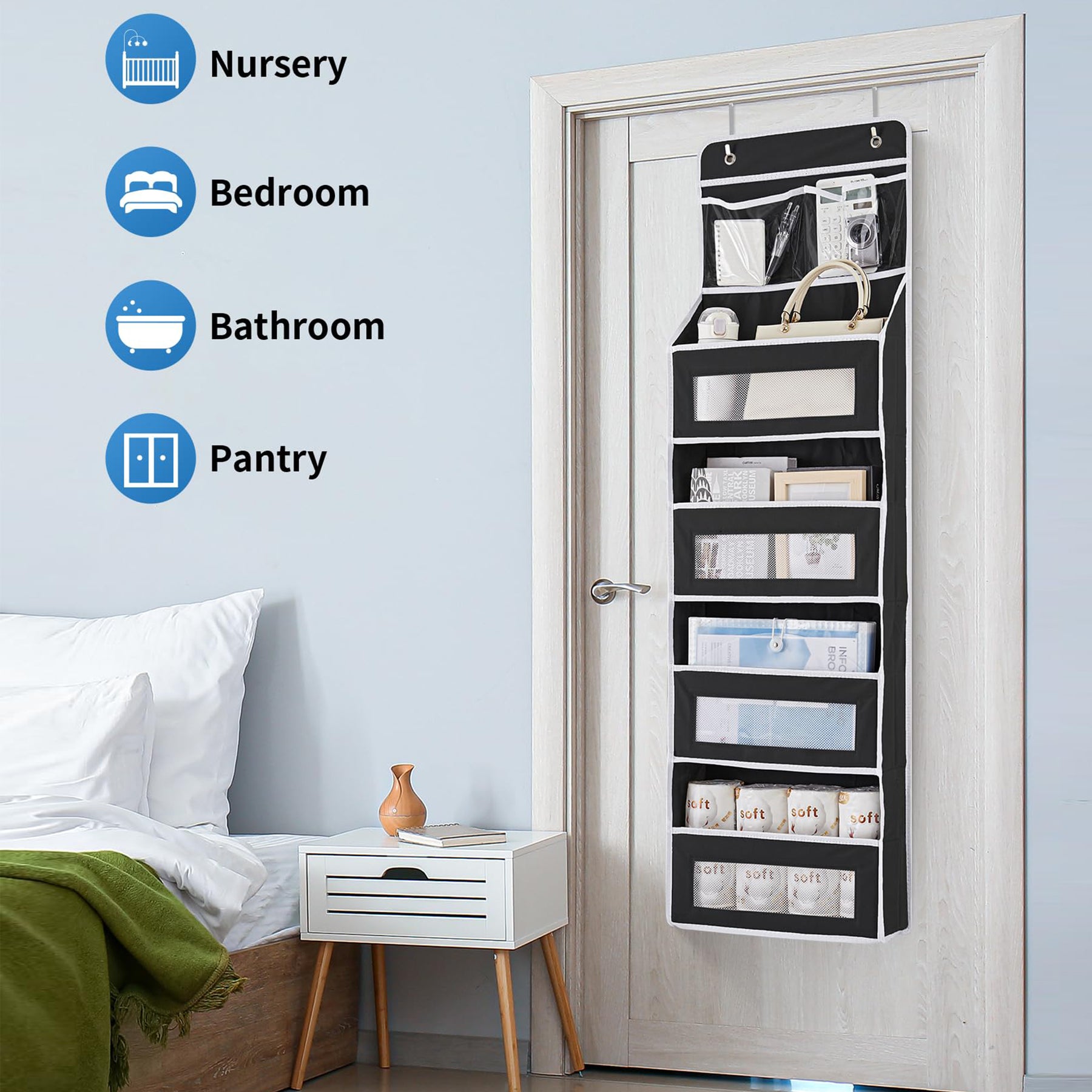 JARLINK 5-Shelf Over Door Organizer Storage, Upgrade Hanging Storage with Clear Window, 50 lbs Load Storage Organizer for Bedroom, Bathroom, Nursery, Baby Kids Toys, Diapers, Pantry, Grey