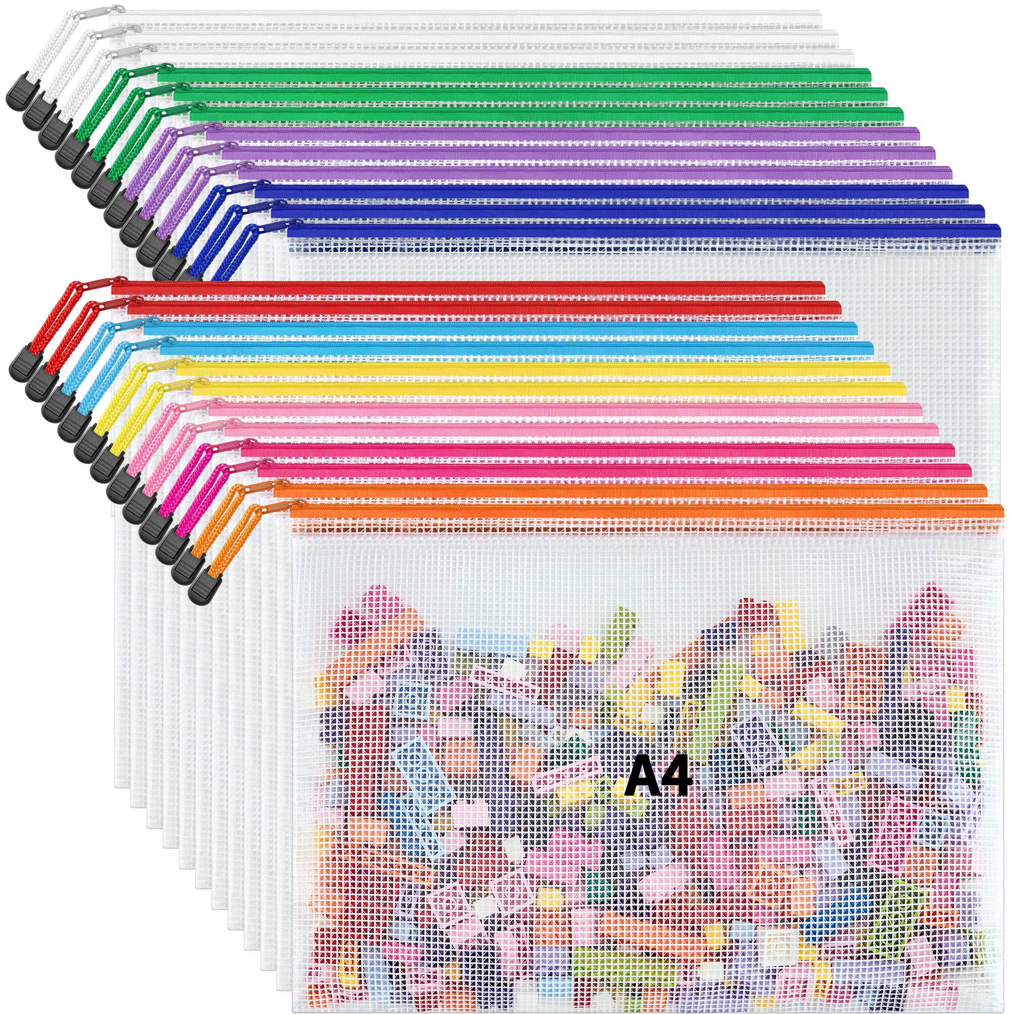JARLINK 24 Pack 10 Colors Zipper Mesh Document Pouch, A4 Letter Size M