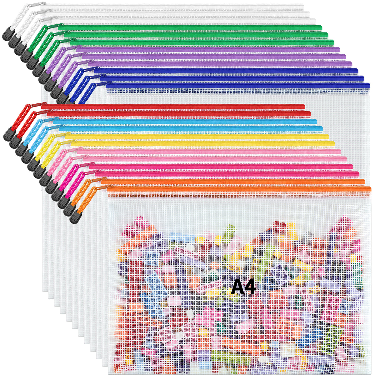 JARLINK 24 Pack 10 Colors Zipper Mesh Document Pouch, A4 Letter Size Mesh Bags for Board Games & Puzzles, Waterproof Document Zipper Pouches for Office School Supplies, Toys, Cosmetics Travel Storage