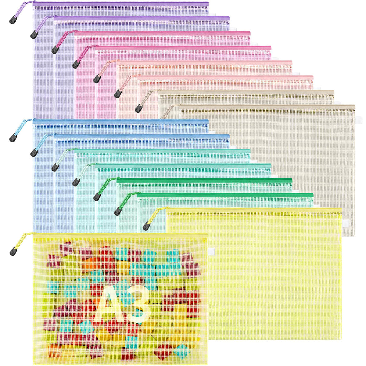 JARLINK 16pcs Mesh Zipper Pouch for Organizing, Waterproof Zipper Storage Bags, 8 Colors Plastic File Pouch, Multipurpose for Travel, School, Board Game, Puzzles, Office, and Home Organize