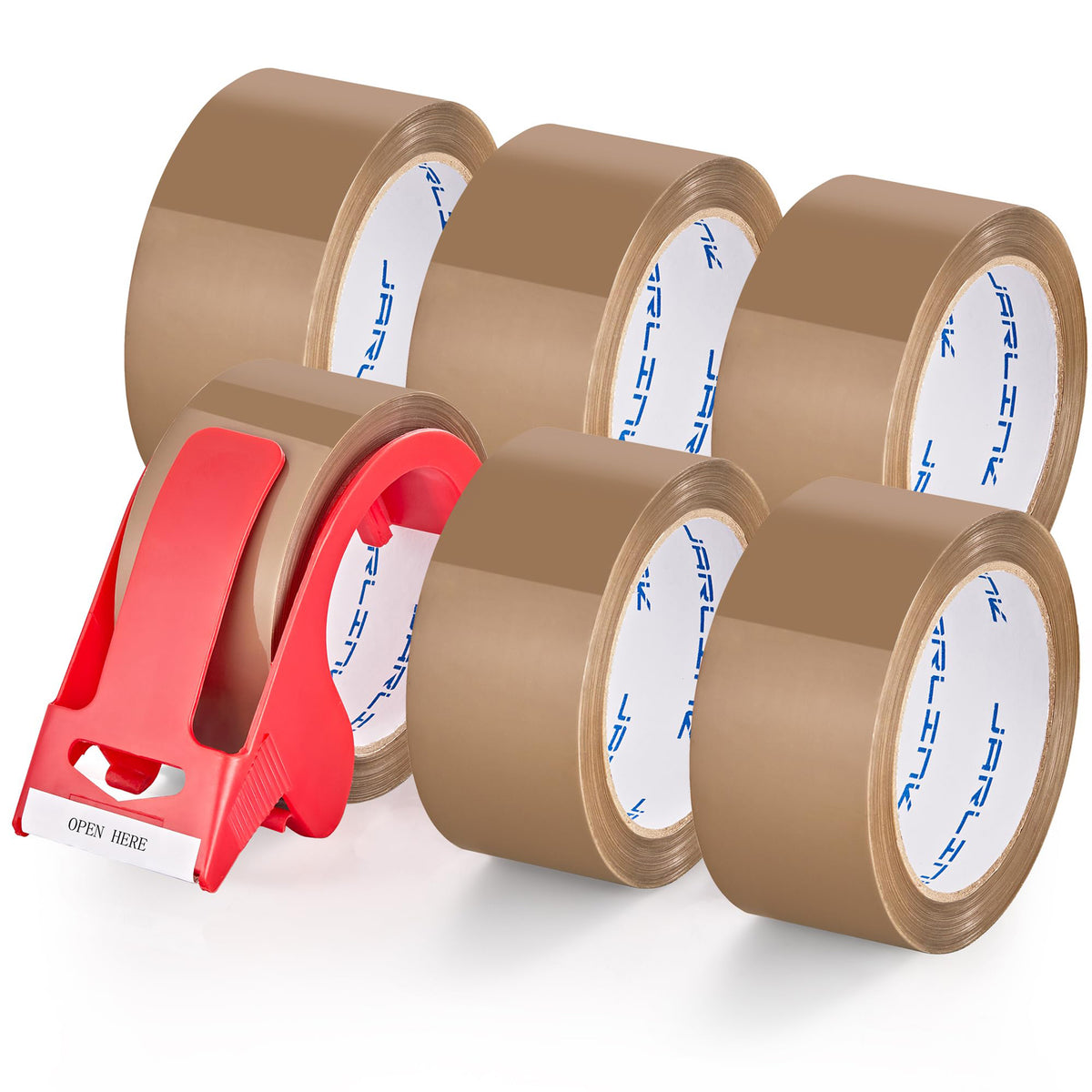 JARLINK 6 Rolls Brown Packing Tape with Dispenser, Heavy Duty Packaging Tape Refills for Shipping Packaging Mailing, 2.6mil Thick, 1.88 inches Wide, 60 Yards Per Roll, 360 Total Yards