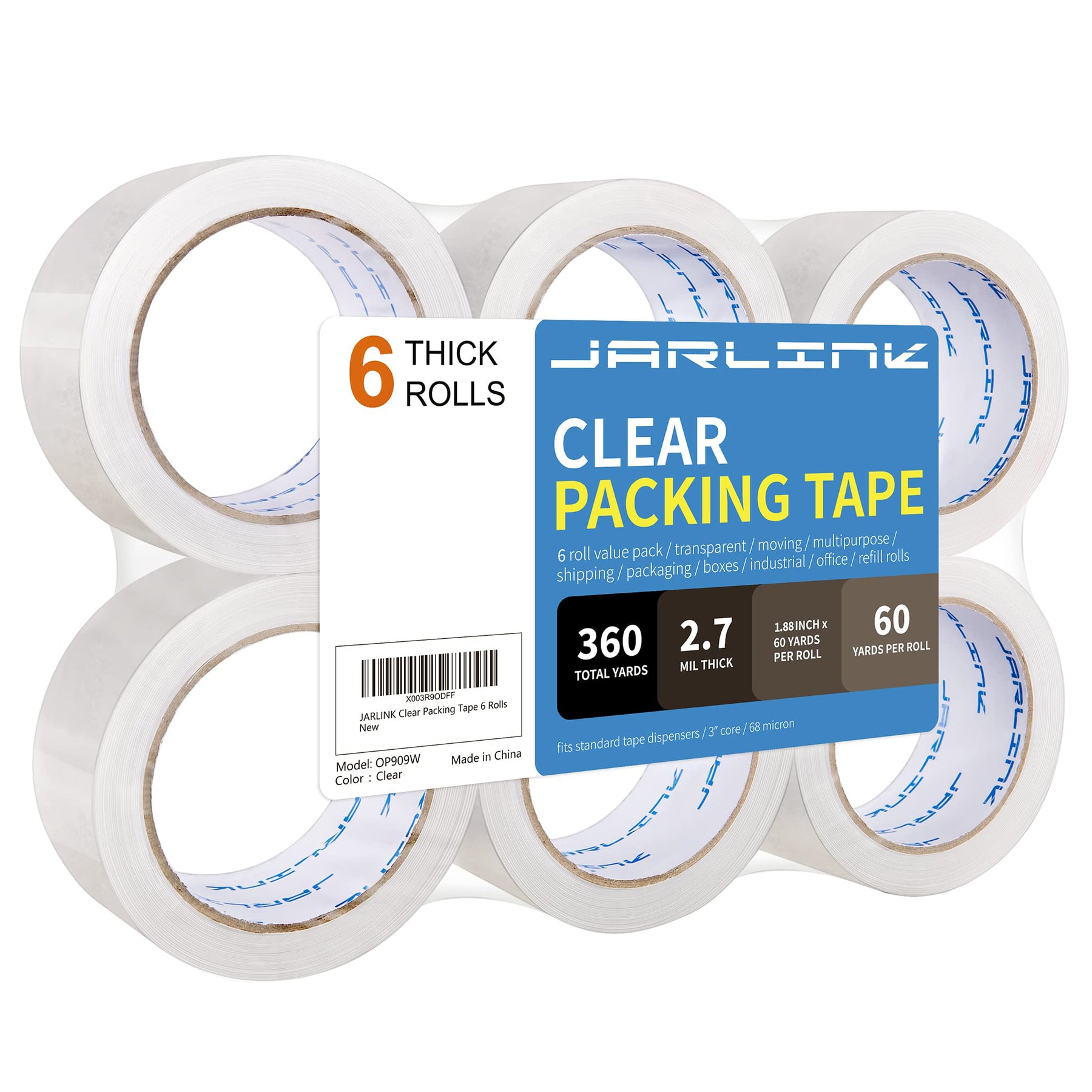 JARLINK Clear Packing Tape (18 Rolls), Heavy Duty Packaging Tape for Shipping Packaging Moving Sealing, 2.7mil Thick, 1.88 inches Wide, 60 Yards Per Roll, 1080 Total Yards