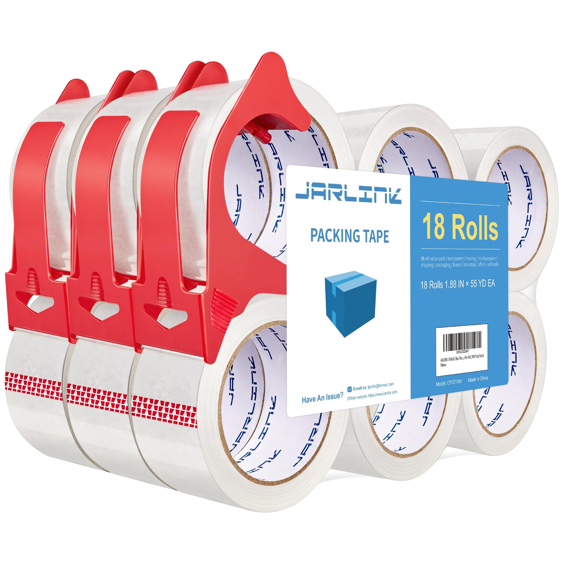 JARLINK 3 Rolls Clear Packing Tape with Dispenser, Heavy Duty Packaging Tape Refills for Shipping Packaging Mailing, 2.7mil Thick, 1.88 inches Wide, 55 Yards Per Roll, 165 Total Yards