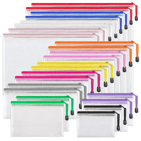 JARLINK 24pcs Mesh Zipper Pouch 12 Colors, 8 Sizes Waterproof Zipper Bags for Board Games Storage, Organization Pouches for School Supplies, Office Appliances, Cosmetics, and Travel Accessories