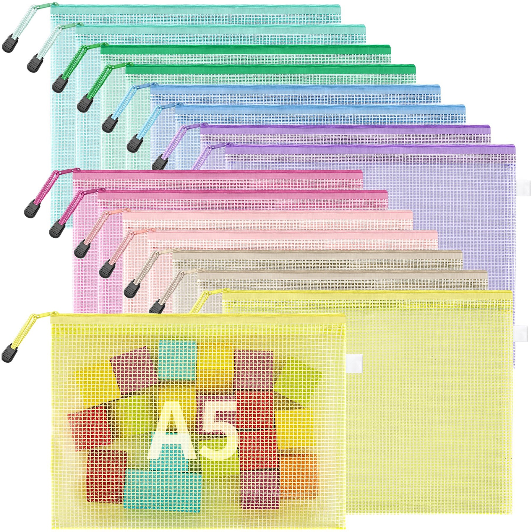 JARLINK 16pcs Mesh Zipper Pouch for Organizing, Waterproof Zipper Storage Bags, 8 Colors Plastic File Pouch, Multipurpose for Travel, School, Board Game, Puzzles, Office, and Home Organize