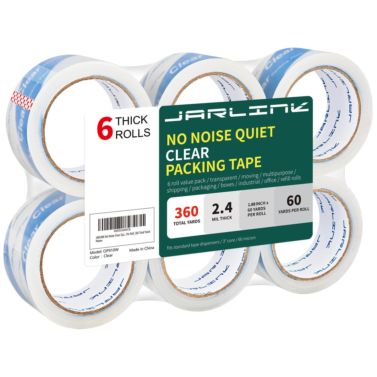 JARLINK No Noise Clear Quiet Packing Tape, Heavy Duty Packaging Tape for Shipping Packaging Moving Sealing, 2.4mil Thick, 1.88 inches Wide, 60 Yards Per Roll