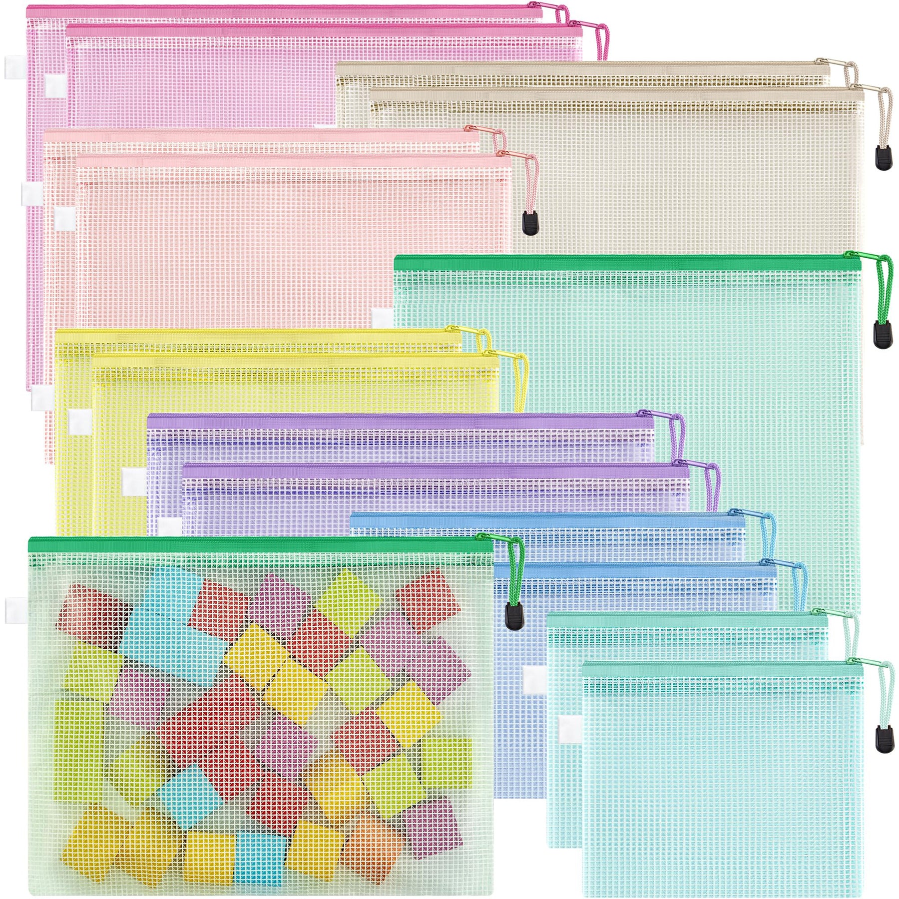 JARLINK 16pcs Mesh Zipper Pouch for Organizing, Waterproof Zipper Storage Bags, 8 Colors Plastic File Pouch, Multipurpose for Travel, School, Board Game, Puzzles, Office, and Home Organize