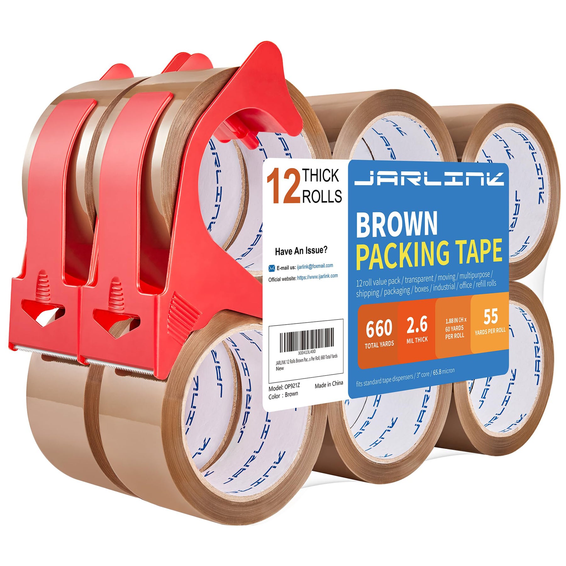 JARLINK 6 Rolls Brown Packing Tape with Dispenser, Heavy Duty Packaging Tape Refills for Shipping Packaging Mailing, 2.6mil Thick, 1.88 inches Wide, 60 Yards Per Roll, 360 Total Yards