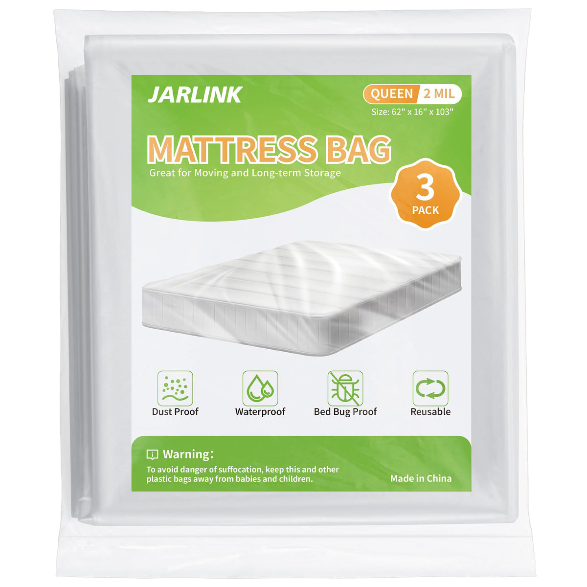 JARLINK 3PK Mattress Bags for Moving Storage, Queen Size, 2 Mil Waterproof Plastic Mattress Protector Fits up to 16" Thick Mattress, Heavy-Duty Reusable Mattress Cover for Moving and Storage