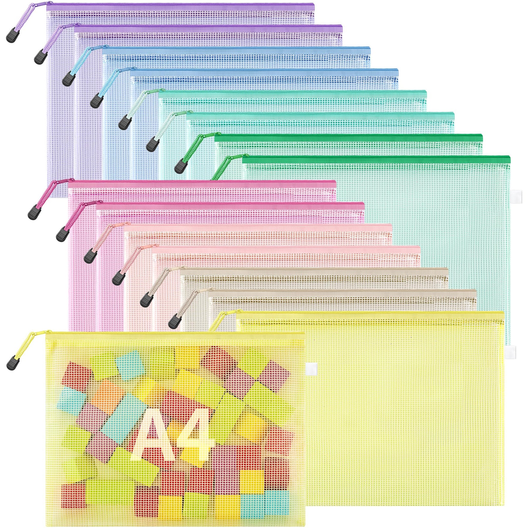 JARLINK 16pcs Mesh Zipper Pouch for Organizing, Waterproof Zipper Storage Bags, 8 Colors Plastic File Pouch, Multipurpose for Travel, School, Board Game, Puzzles, Office, and Home Organize