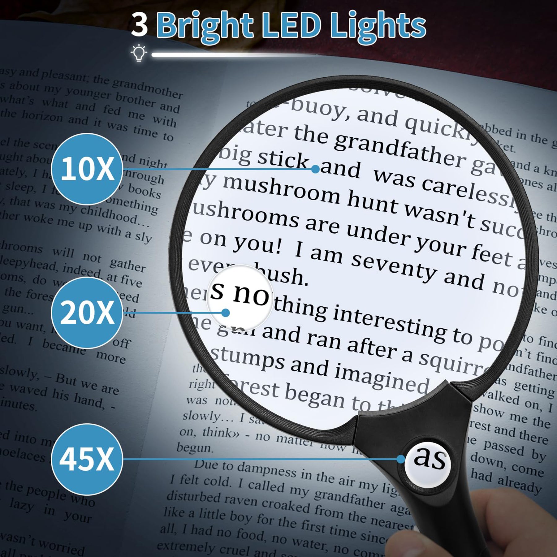 JARLINK Large Magnifying Glass with Light, 10X 20X 45X Illuminated Handheld Magnifier with 3 LED Lights for Seniors Reading, Inspection Coins Jewelry, Exploring