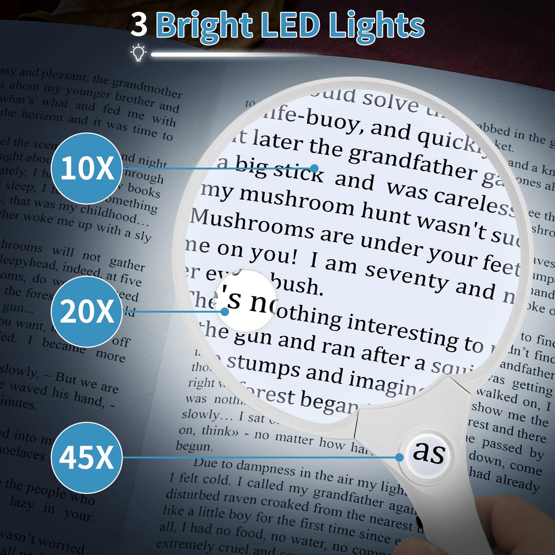 JARLINK Large Magnifying Glass with Light, 10X 20X 45X Illuminated Handheld Magnifier with 3 LED Lights for Seniors Reading, Inspection Coins Jewelry, Exploring