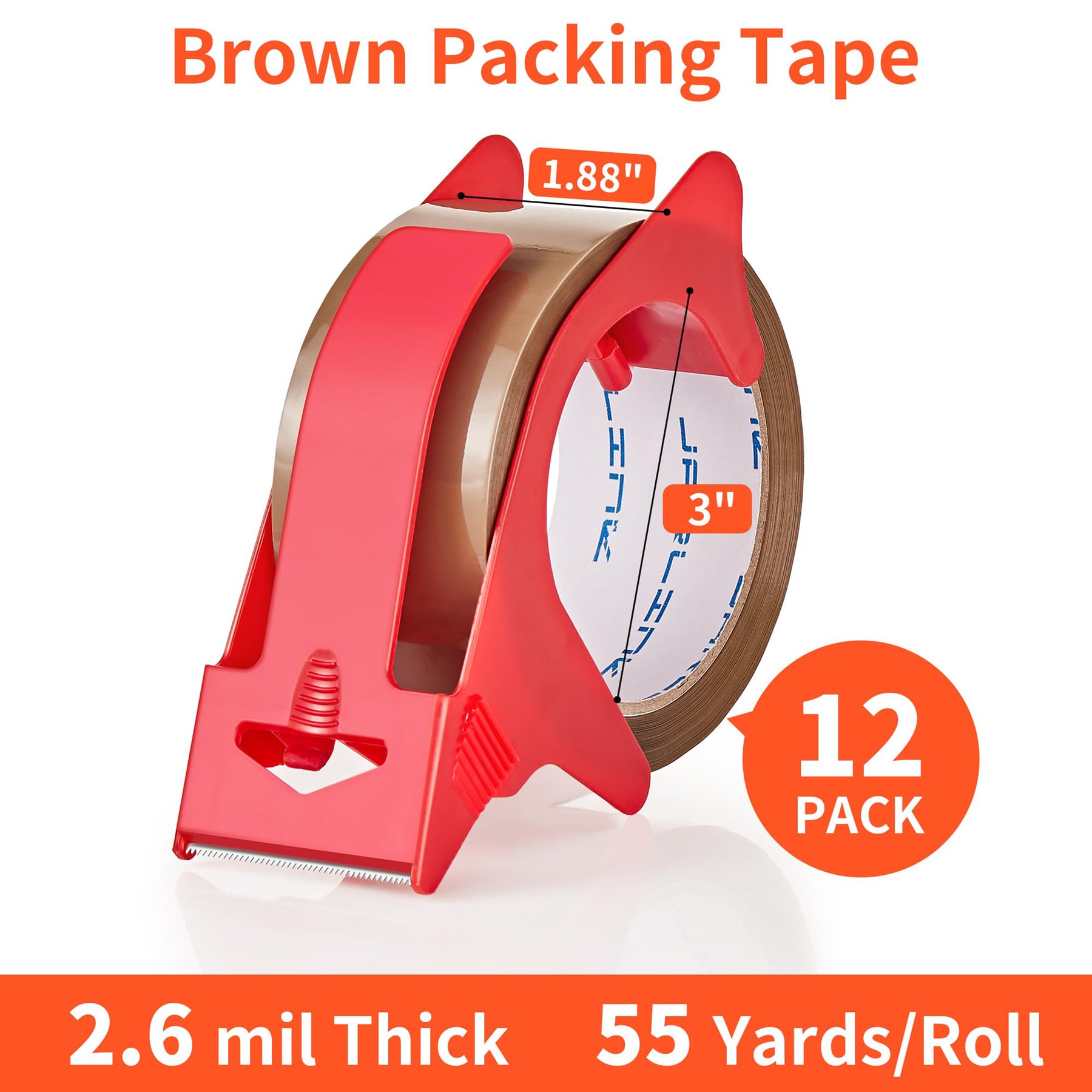 JARLINK 6 Rolls Brown Packing Tape with Dispenser, Heavy Duty Packaging Tape Refills for Shipping Packaging Mailing, 2.6mil Thick, 1.88 inches Wide, 60 Yards Per Roll, 360 Total Yards