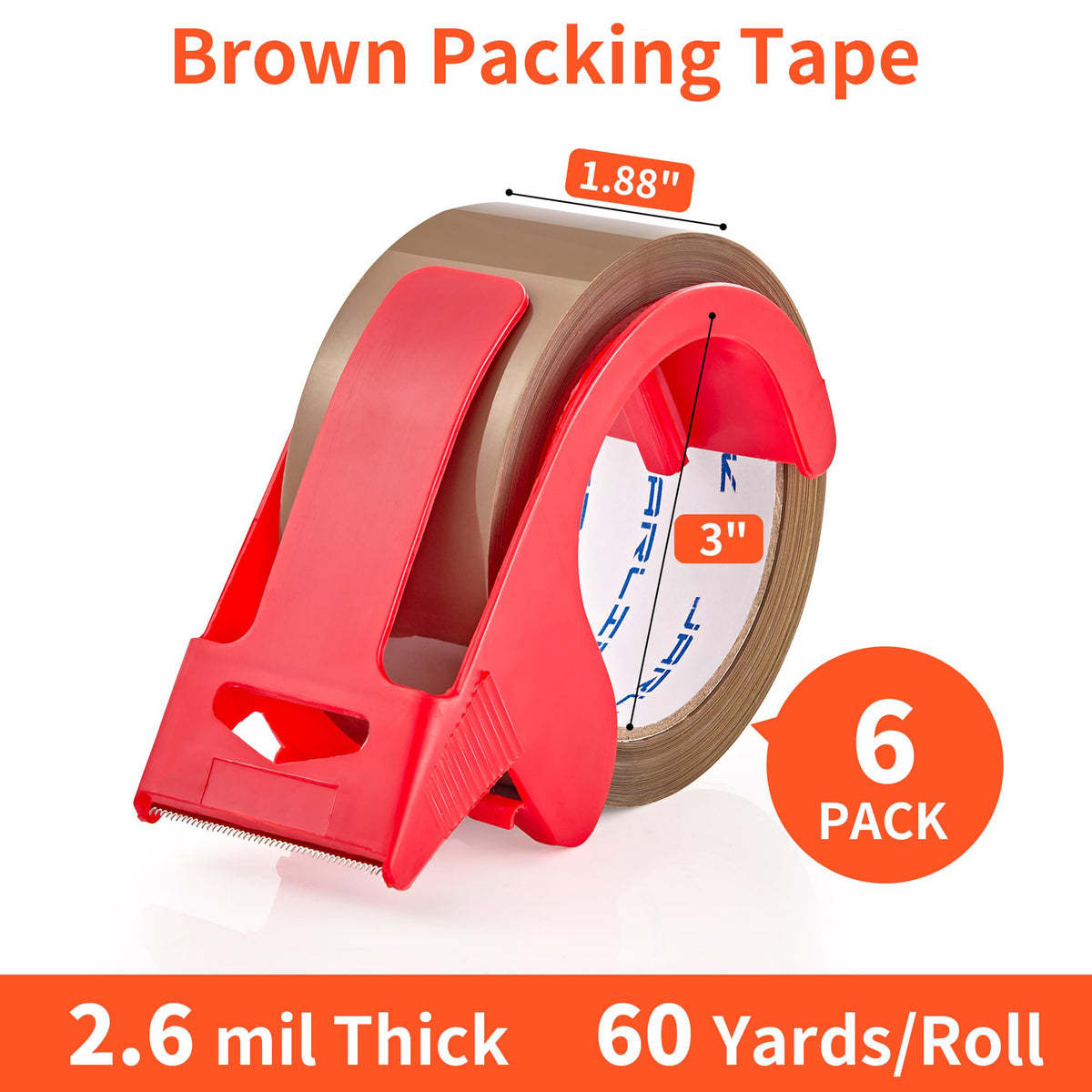 JARLINK 6 Rolls Brown Packing Tape with Dispenser, Heavy Duty Packaging Tape Refills for Shipping Packaging Mailing, 2.6mil Thick, 1.88 inches Wide, 60 Yards Per Roll, 360 Total Yards
