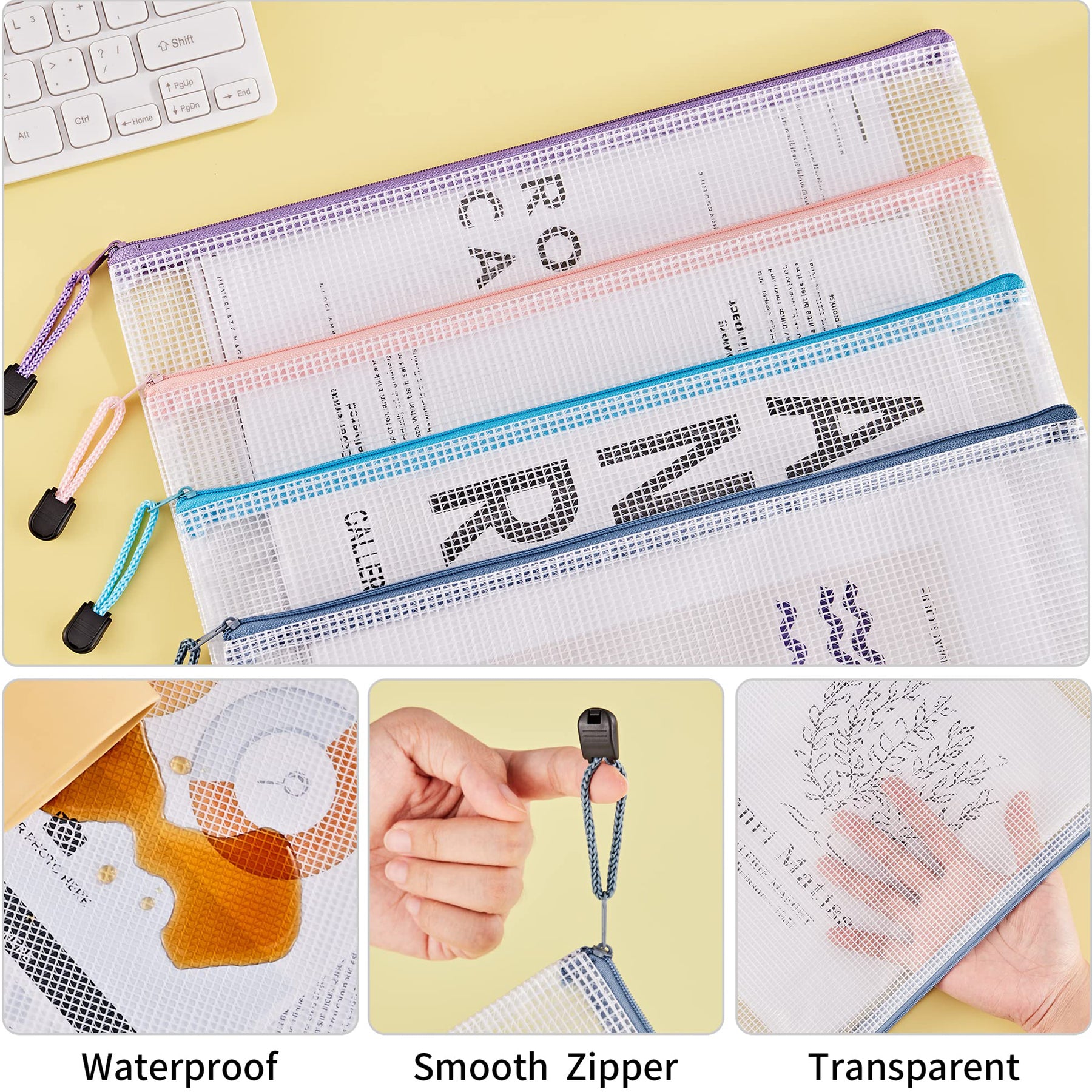 JARLINK 24pcs Mesh Zipper Pouches, A4/Letter Size Waterproof Zipper Bags, 6 Colors, Multipurpose Plastic Document Pouch for School Supplies, Office Supplies, Travel Storage, Puzzles Organize