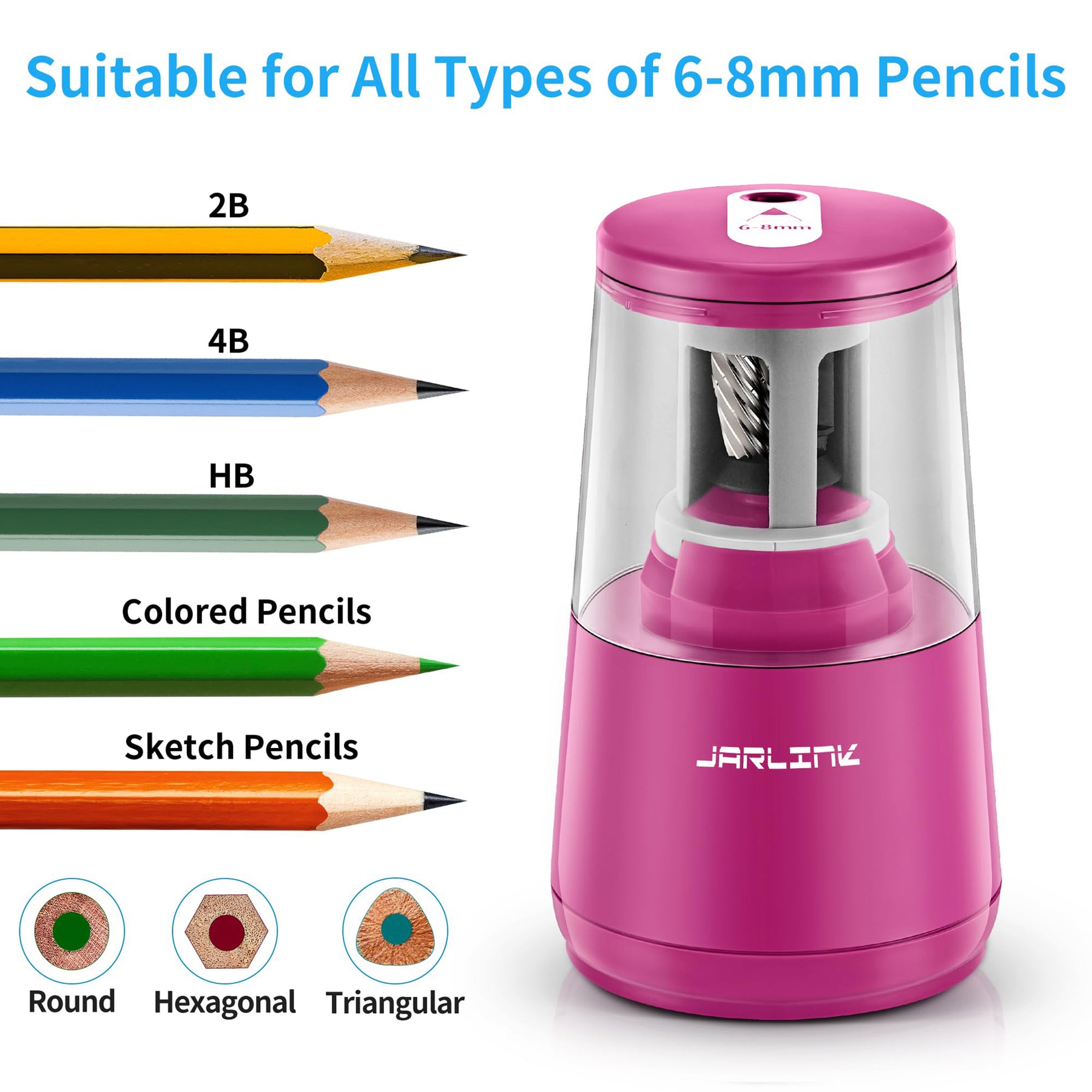 JARLINK Electric Pencil Sharpener, Heavy-duty Helical Blade to Fast Sharpen, Auto Stop for No.2/Colored Pencils(6-8mm), USB/Battery Operated in School Classroom/Office/Home