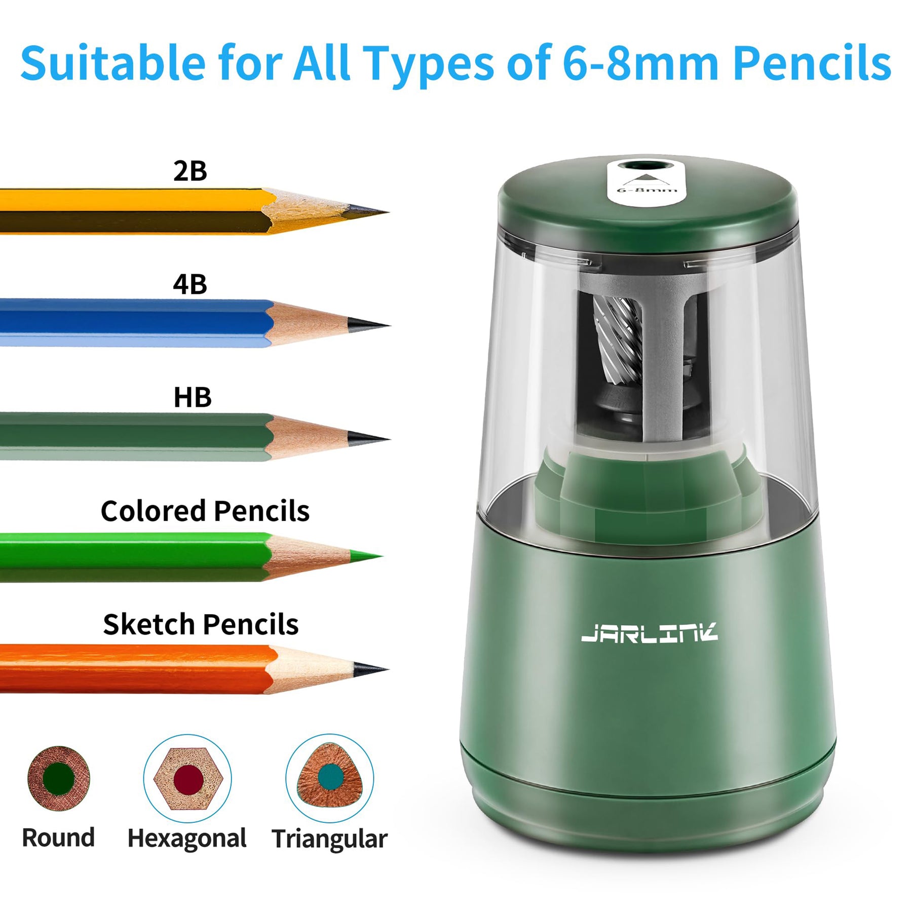 JARLINK Electric Pencil Sharpener, Heavy-duty Helical Blade to Fast Sharpen, Auto Stop for No.2/Colored Pencils(6-8mm), USB/Battery Operated in School Classroom/Office/Home