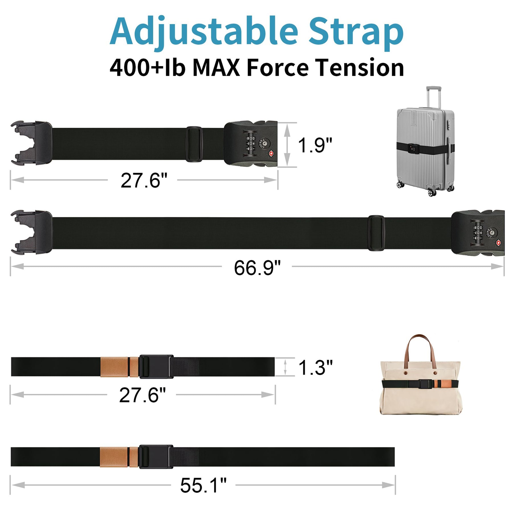 JARLINK Luggage Strap for Suitcases and Travel Belt Set, TSA Approved Lockable Luggage Strap, Magnetic Buckle Bag Strap, Adjustable Durable Suitcase Strap for Luggage, 2-Pack