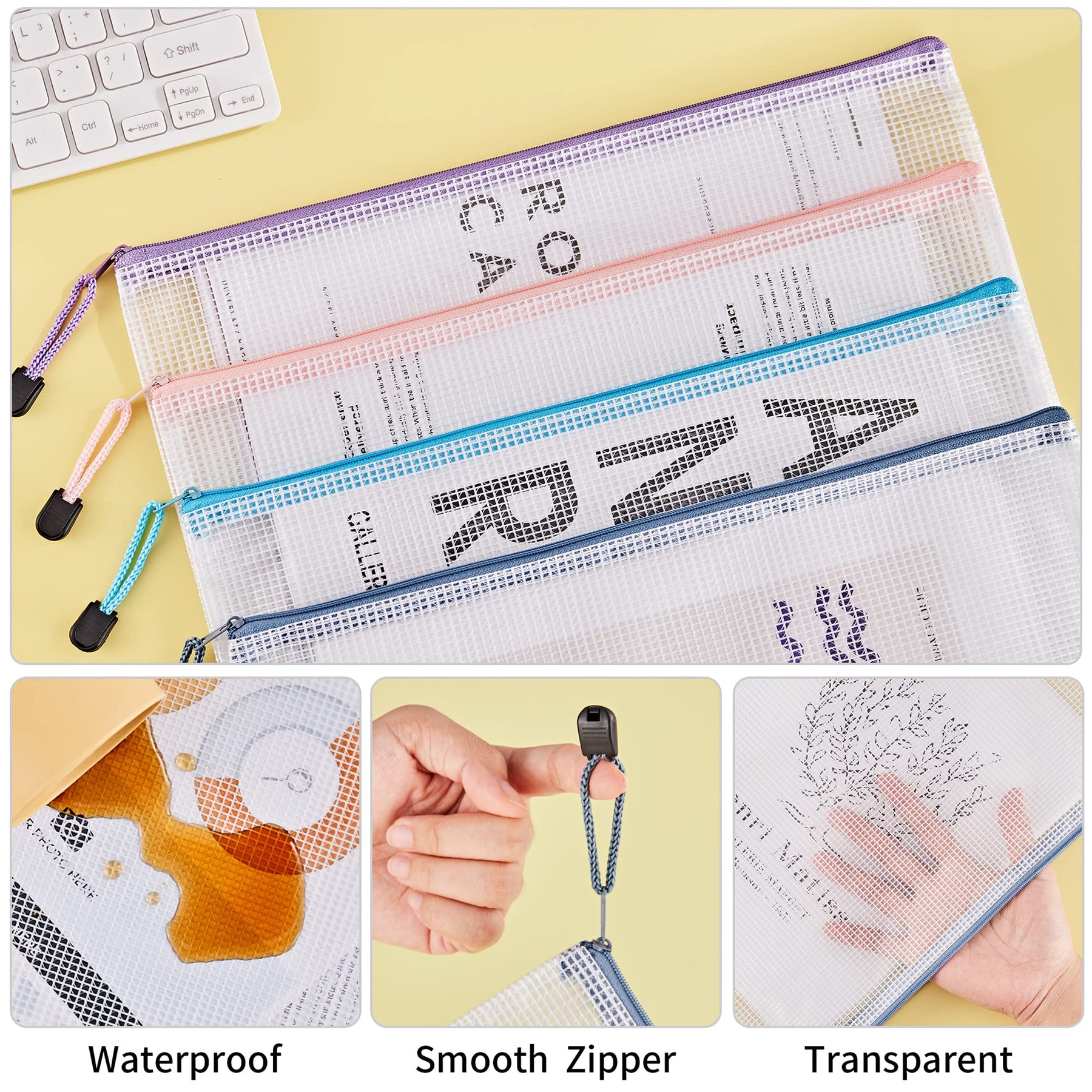 JARLINK 24pcs Mesh Zipper Pouches, A4/Letter Size Waterproof Zipper Bags, 6 Colors, Multipurpose Plastic Document Pouch for School Supplies, Office Supplies, Travel Storage, Puzzles Organize