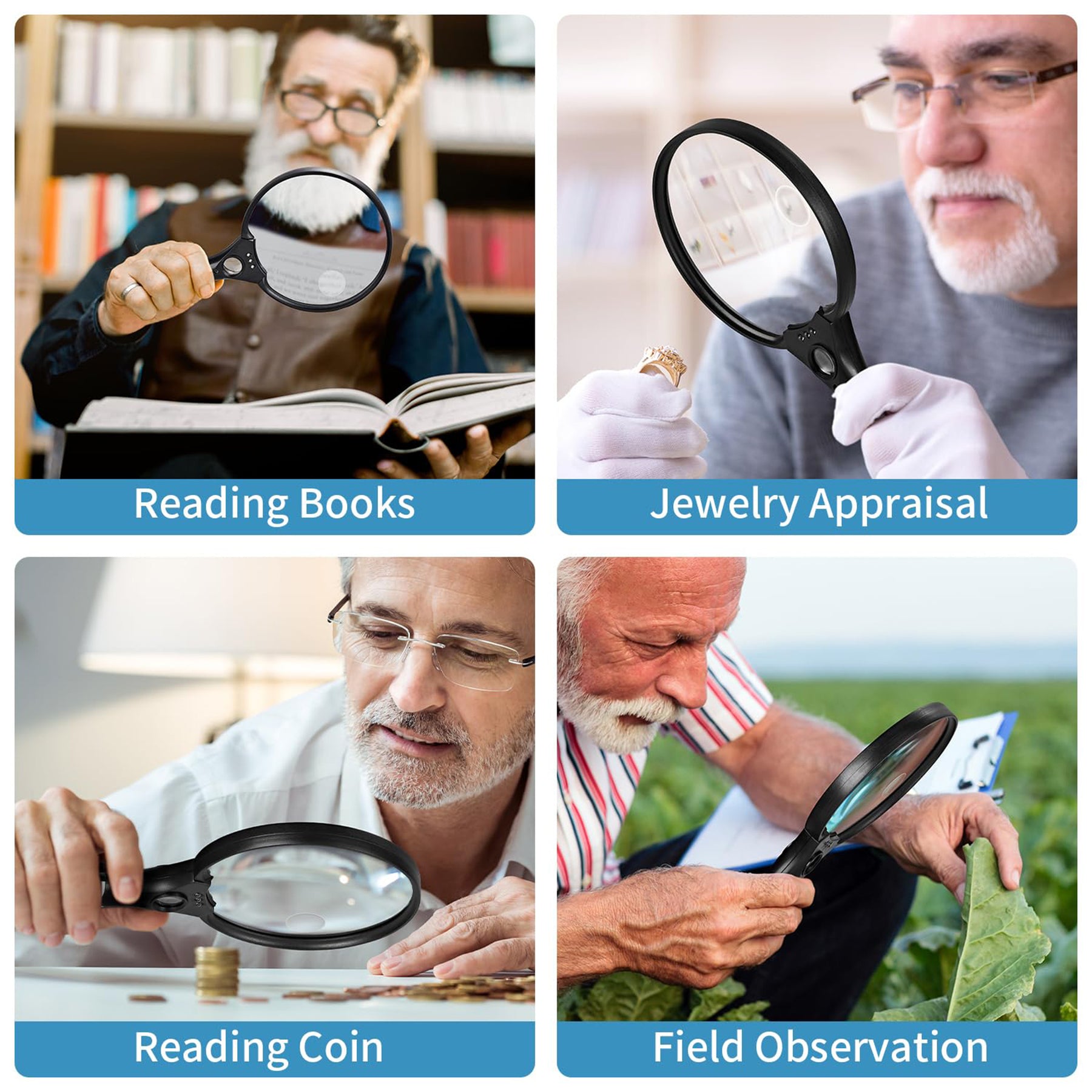 JARLINK Large Magnifying Glass with Light, 10X 20X 45X Illuminated Handheld Magnifier with 3 LED Lights for Seniors Reading, Inspection Coins Jewelry, Exploring