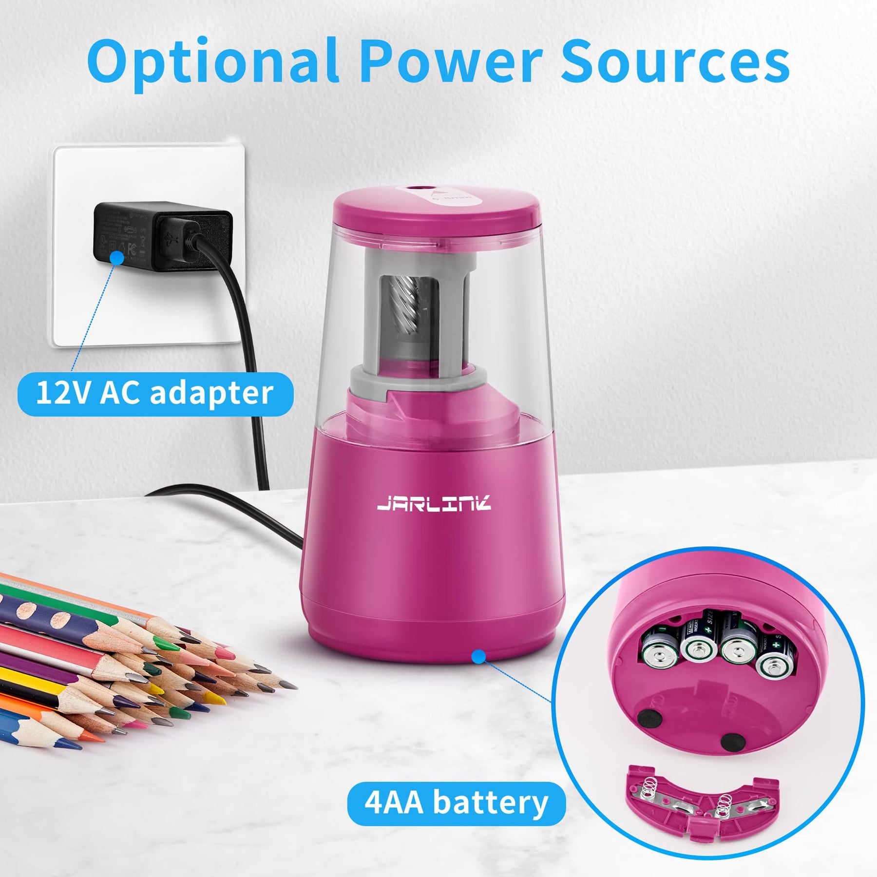 JARLINK Electric Pencil Sharpener, Heavy-duty Helical Blade to Fast Sharpen, Auto Stop for No.2/Colored Pencils(6-8mm), USB/Battery Operated in School Classroom/Office/Home