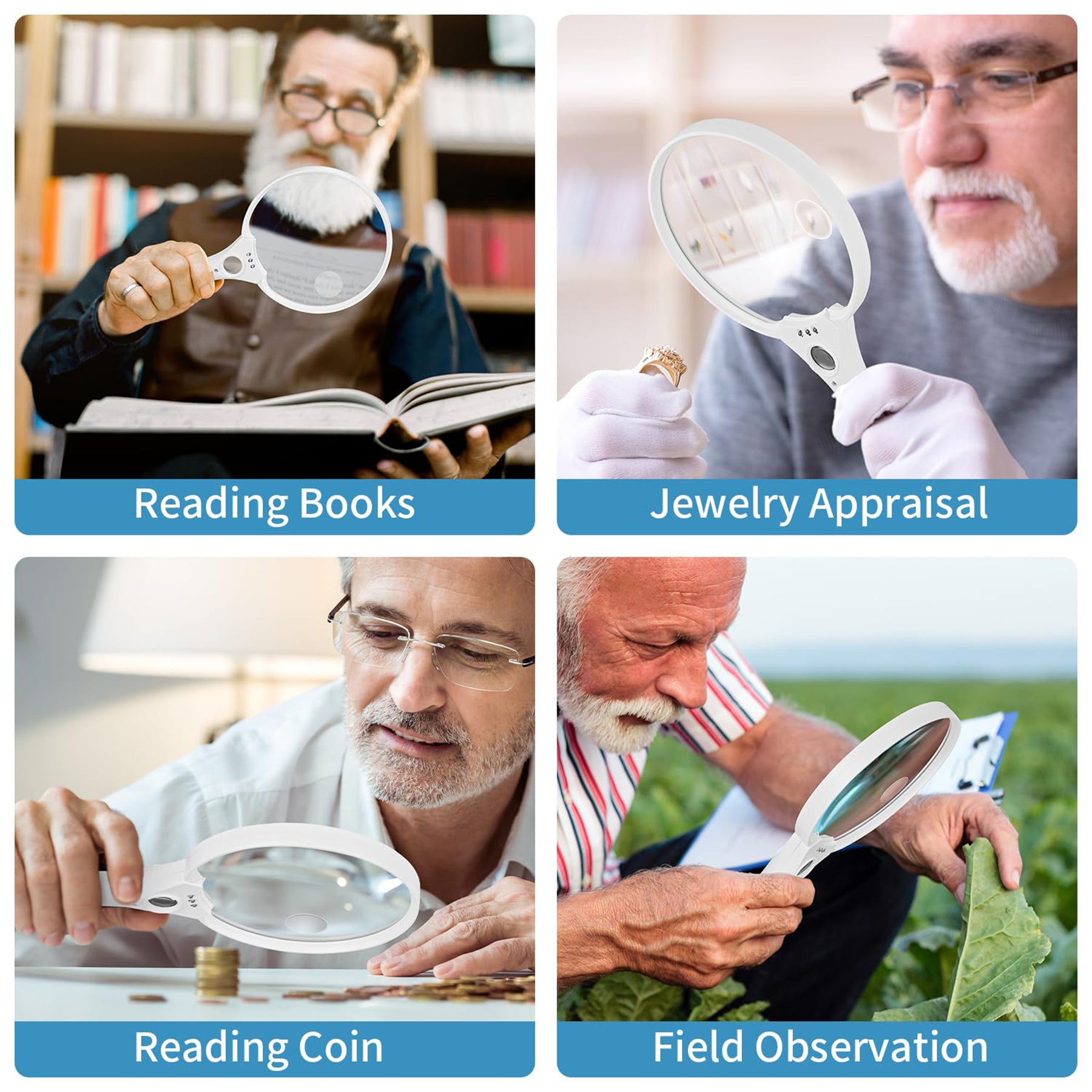 JARLINK Large Magnifying Glass with Light, 10X 20X 45X Illuminated Handheld Magnifier with 3 LED Lights for Seniors Reading, Inspection Coins Jewelry, Exploring