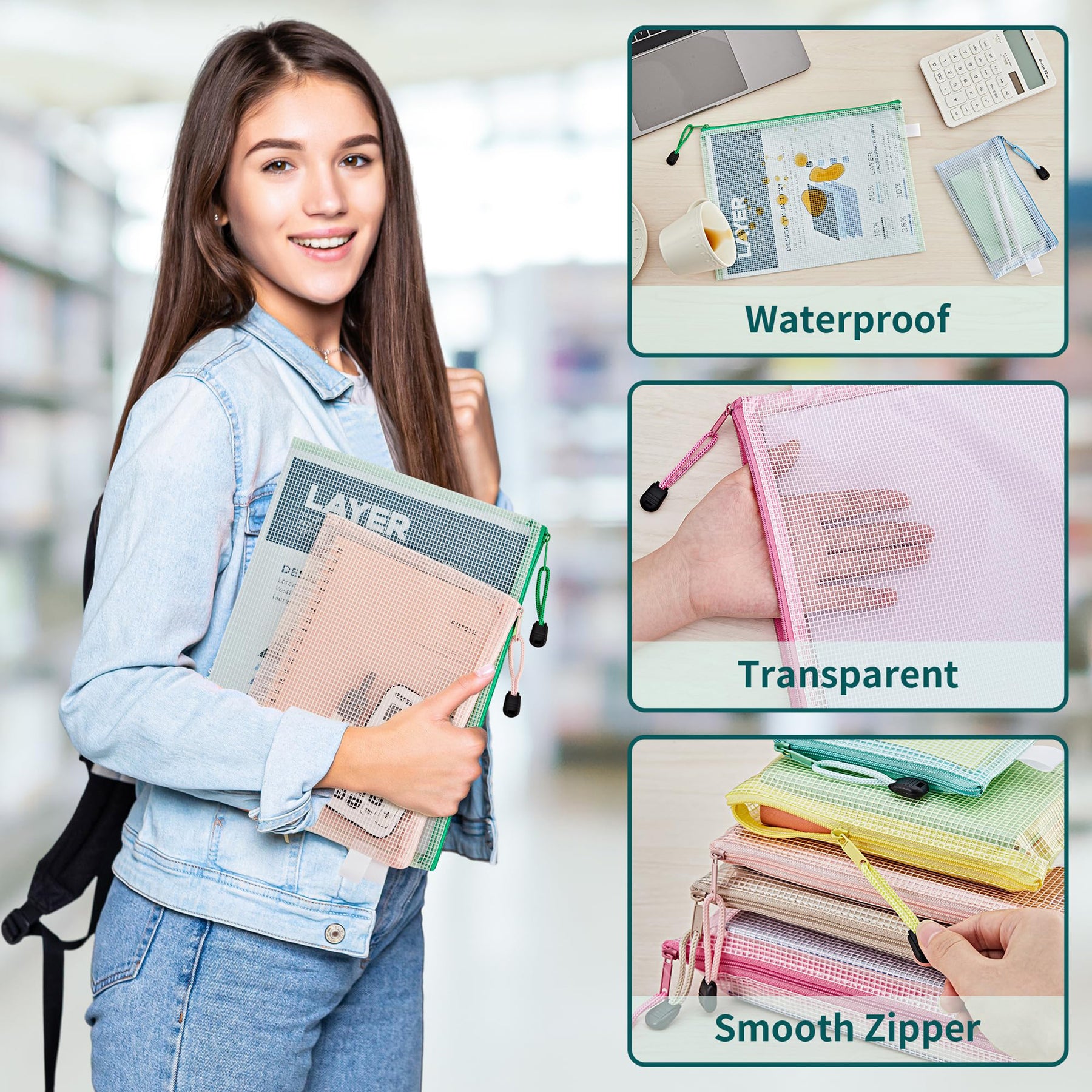 JARLINK 16pcs Mesh Zipper Pouch for Organizing, Waterproof Zipper Storage Bags, 8 Colors Plastic File Pouch, Multipurpose for Travel, School, Board Game, Puzzles, Office, and Home Organize