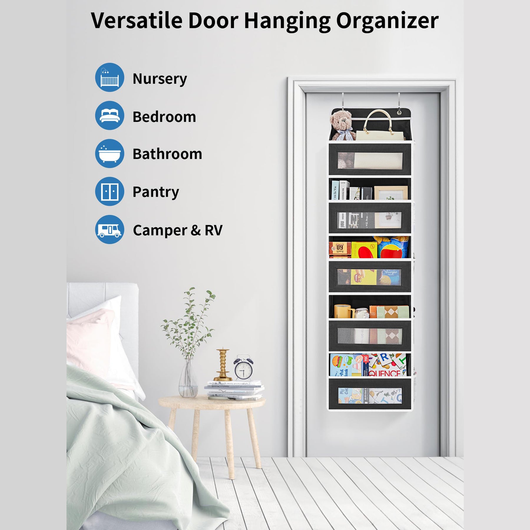 JARLINK Over The Door Organizer Storage, 5 Shelf Hanging Door Organizer with 5 Large Capacity Pockets, Anti Tilt 44 lb Load Behind Door Organizer for Bedroom, Bathroom, Pantry, Nursery