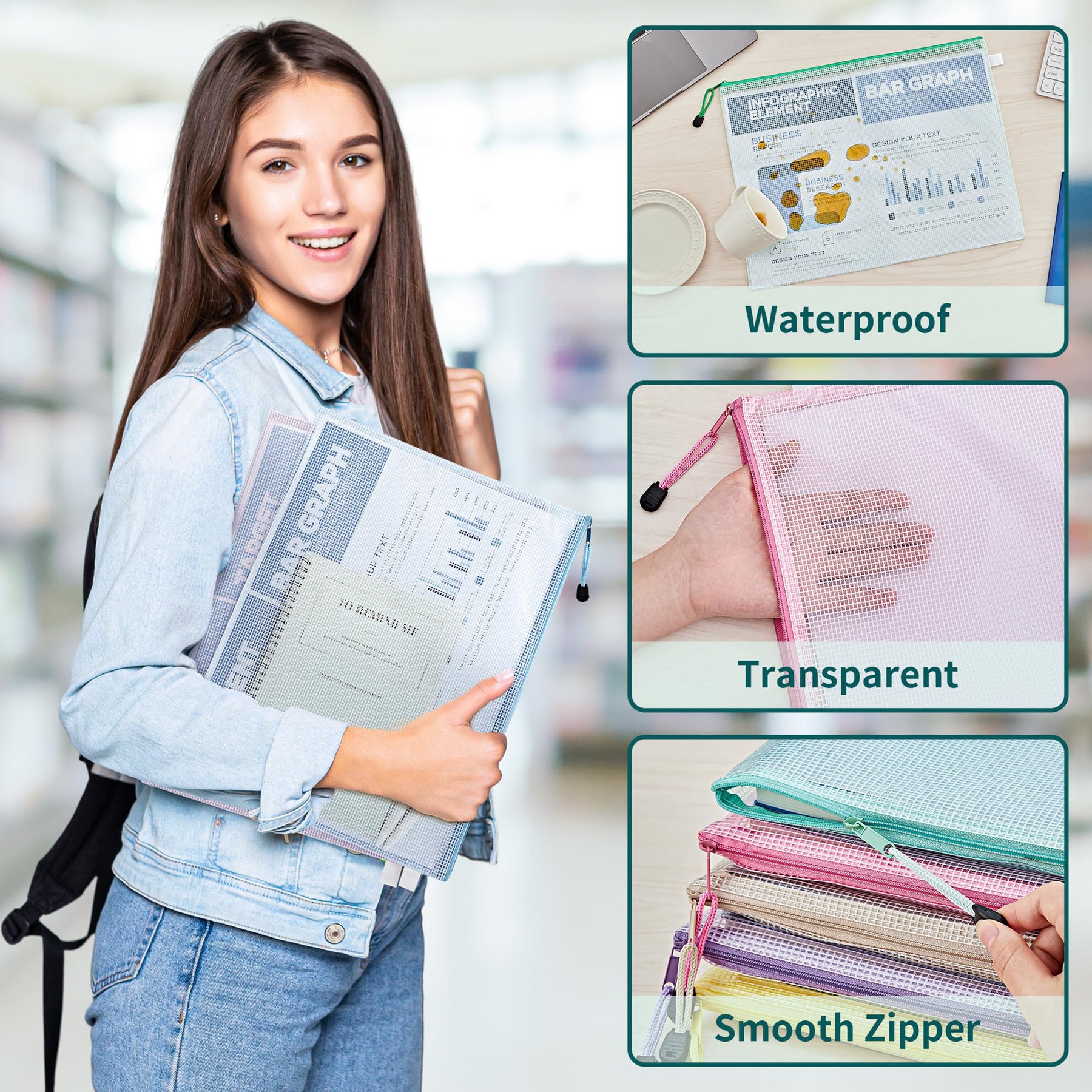JARLINK 16pcs Mesh Zipper Pouch for Organizing, Waterproof Zipper Storage Bags, 8 Colors Plastic File Pouch, Multipurpose for Travel, School, Board Game, Puzzles, Office, and Home Organize