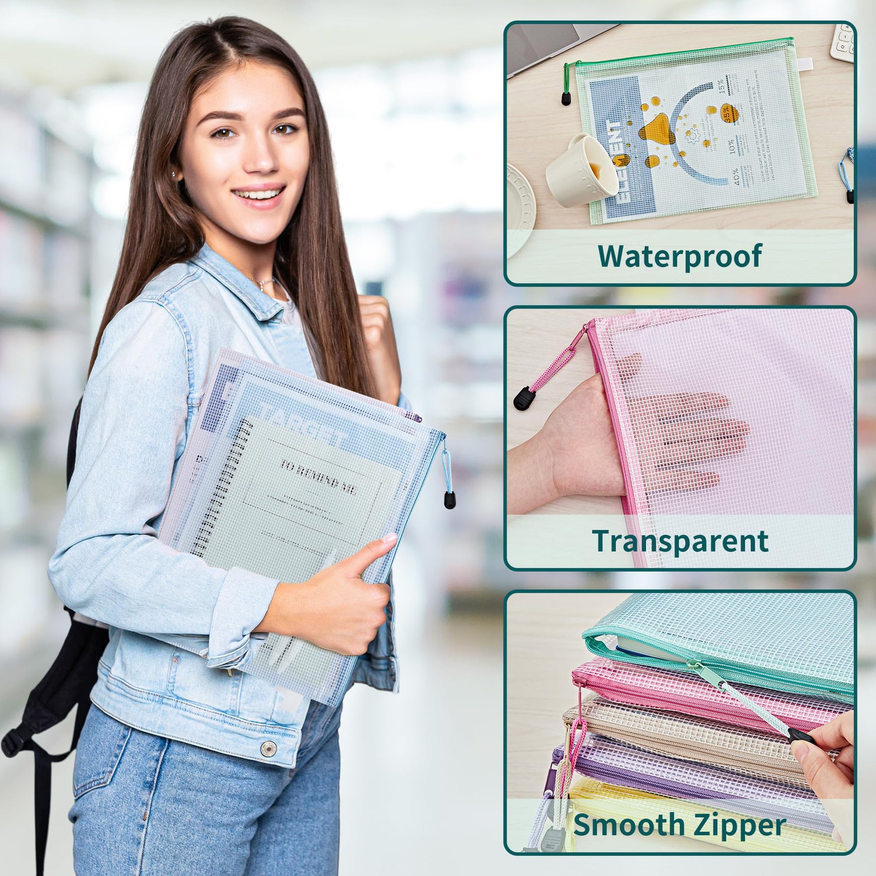 JARLINK 16pcs Mesh Zipper Pouch for Organizing, Waterproof Zipper Storage Bags, 8 Colors Plastic File Pouch, Multipurpose for Travel, School, Board Game, Puzzles, Office, and Home Organize