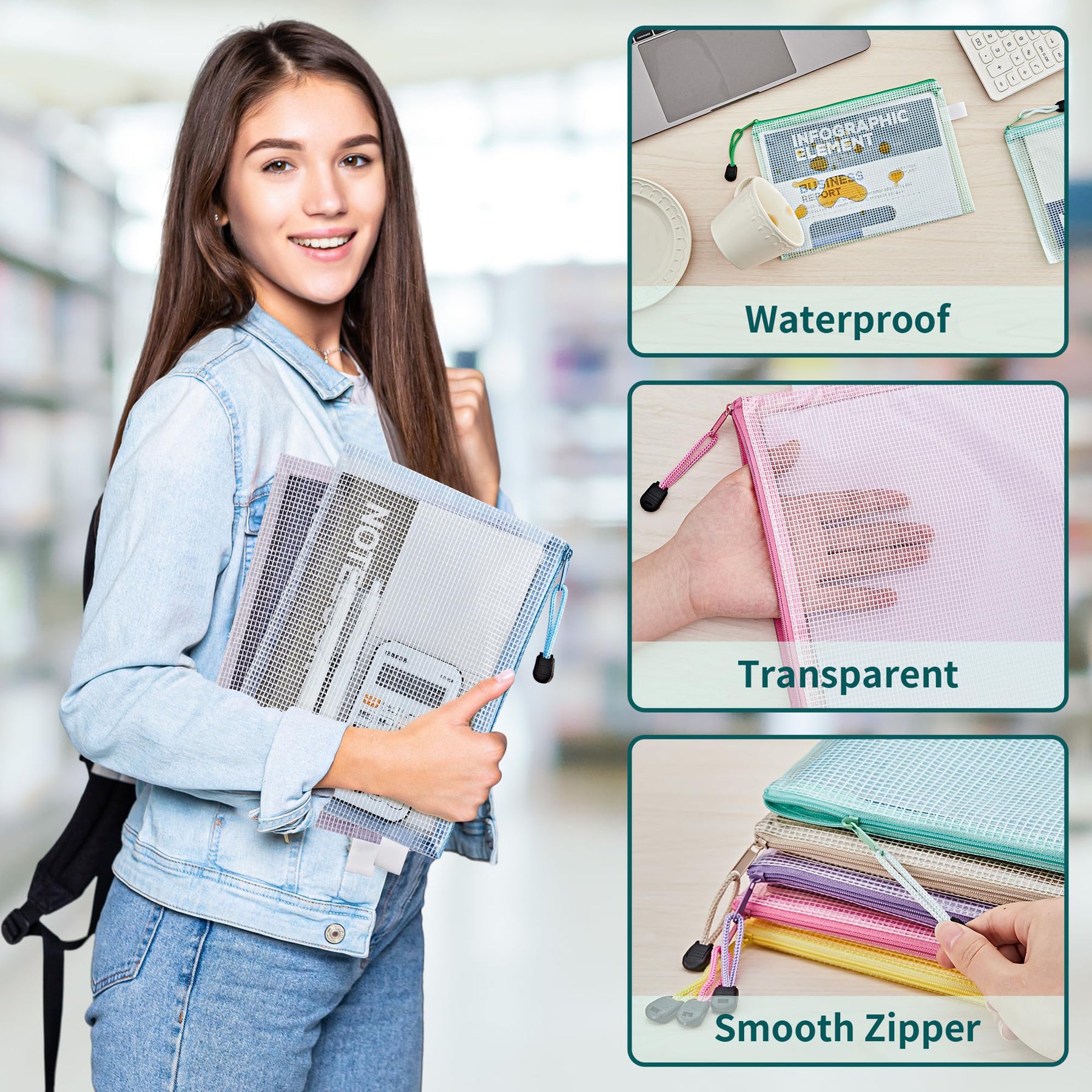 JARLINK 16pcs Mesh Zipper Pouch for Organizing, Waterproof Zipper Storage Bags, 8 Colors Plastic File Pouch, Multipurpose for Travel, School, Board Game, Puzzles, Office, and Home Organize