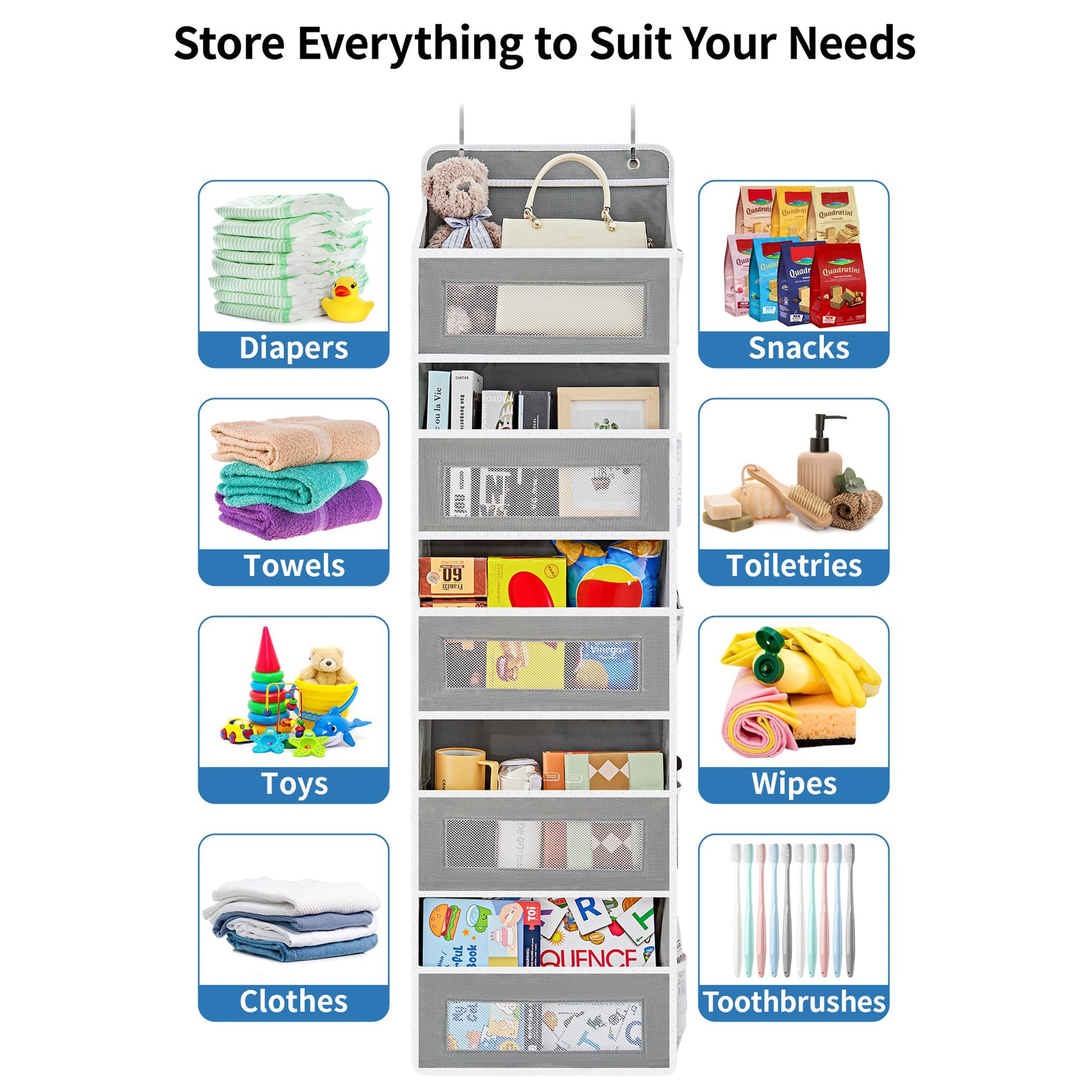 JARLINK Over The Door Organizer Storage, 5 Shelf Hanging Door Organizer with 5 Large Capacity Pockets, Anti Tilt 44 lb Load Behind Door Organizer for Bedroom, Bathroom, Pantry, Nursery