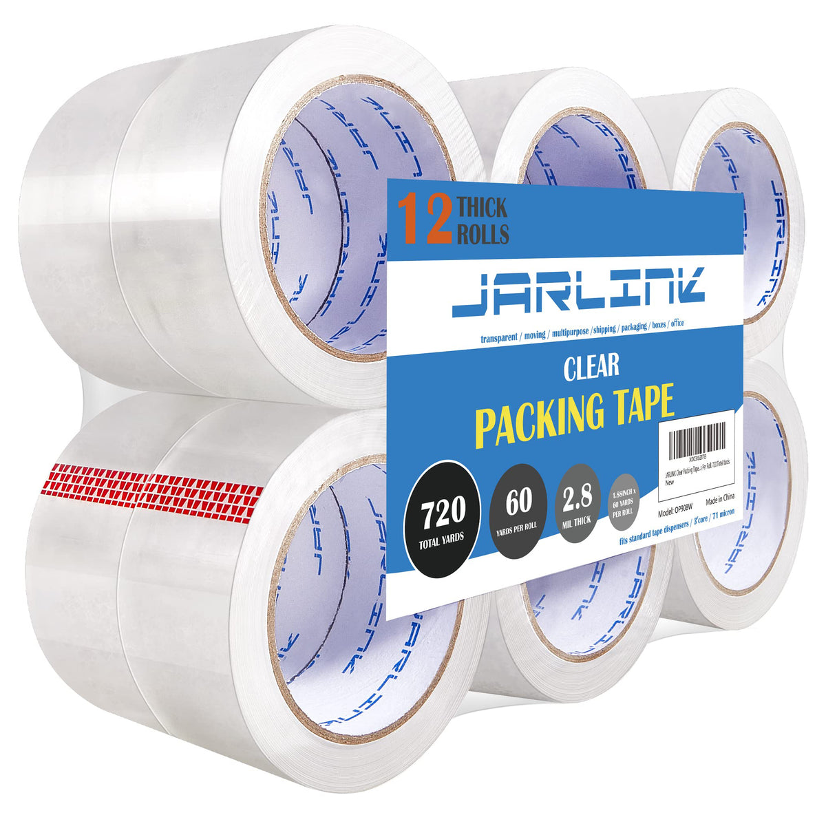 JARLINK Clear Packing Tape (12 Rolls), Heavy Duty Packaging Tape for Shipping Packaging Moving Sealing, Stronger & Thicker 2.8mil, 1.88 inches Wide, 60 Yards Per Roll, 720 Total Yards