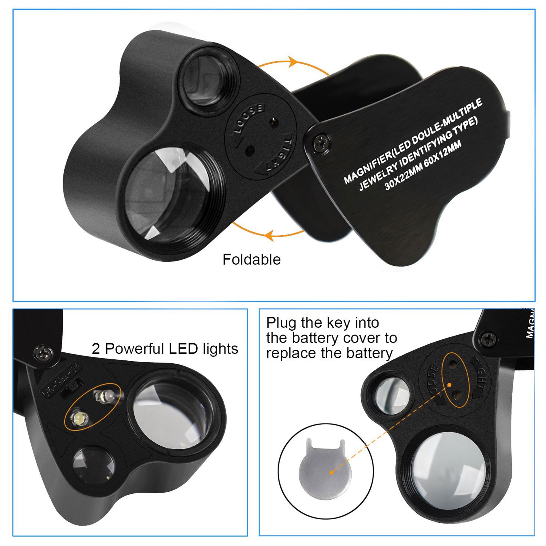 2 Pack Illuminated Jewelers Loupe 30X 60X 90X Portable Eye Loupe Magnifier  Lighted Magnifying Glass with Bright LED Light for Jewelry Coins Gems  Stamps Watches Rocks Black