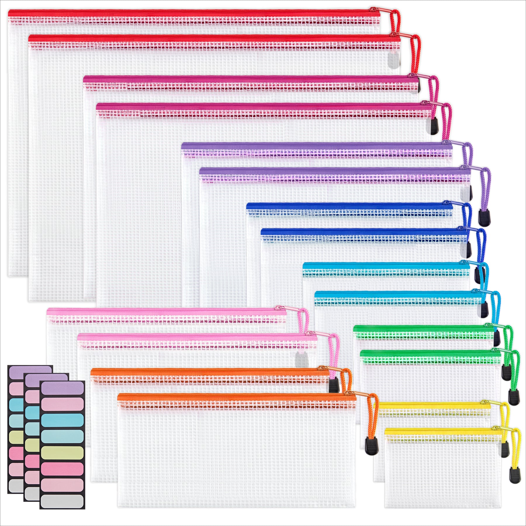 JARLINK 18 Pack 8 Sizes Mesh Pouch, 9 Colors, Waterproof Zipper File Bags Document Multipurpose Travel Bags for Office Supplies Cosmetics Travel Accessories