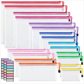 JARLINK 18 Pack 8 Sizes Mesh Pouch, 9 Colors, Waterproof Zipper File Bags Document Multipurpose Travel Bags for Office Supplies Cosmetics Travel Accessories