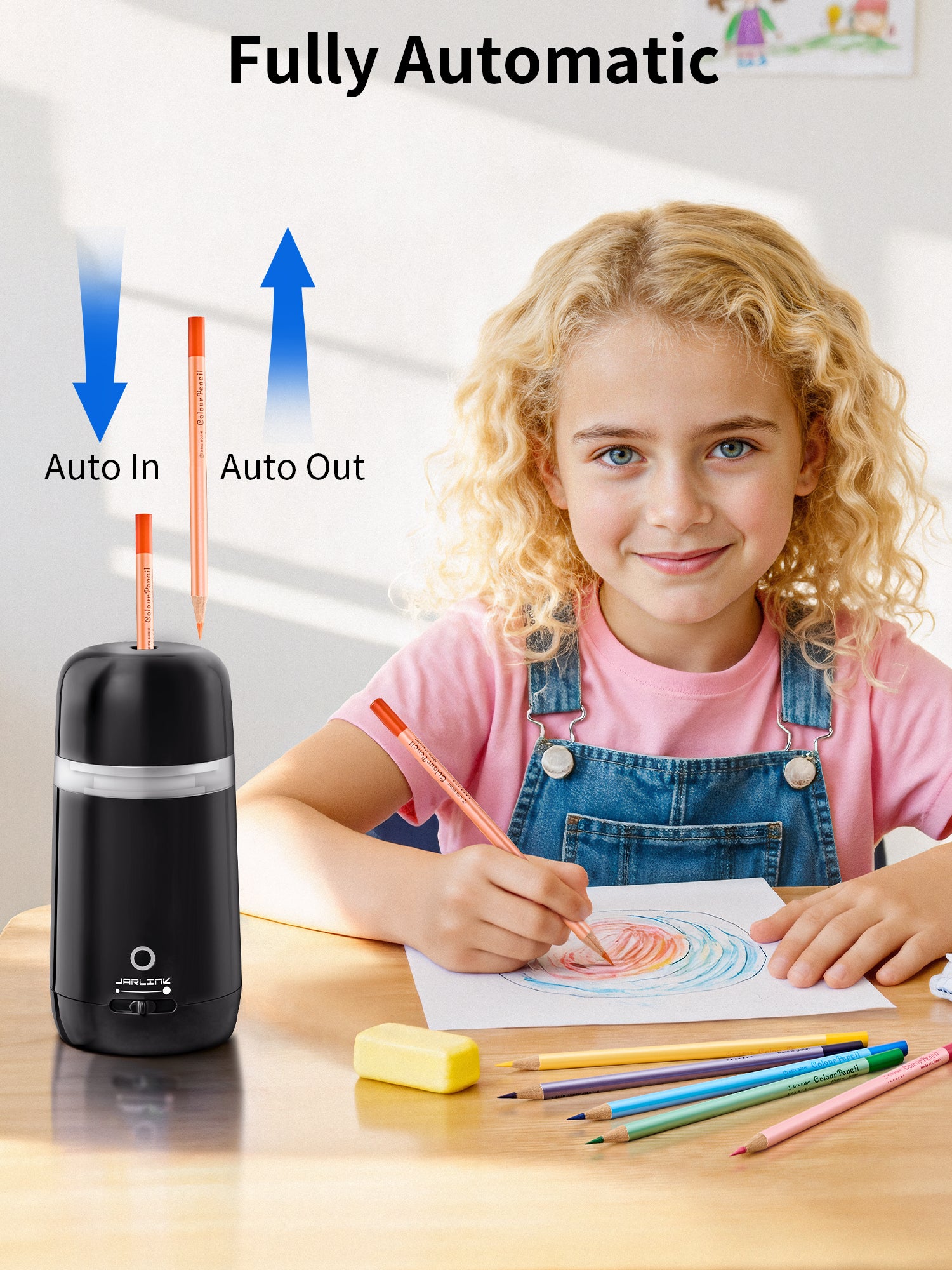 JARLINK Automatic Electric Pencil Sharpener - Hands-Free Operation, 3 Sharpness Modes, 3-Second Sharpening, Rechargeable & Portable for 7-12mm Pencils, Ideal for Classroom and Home Use