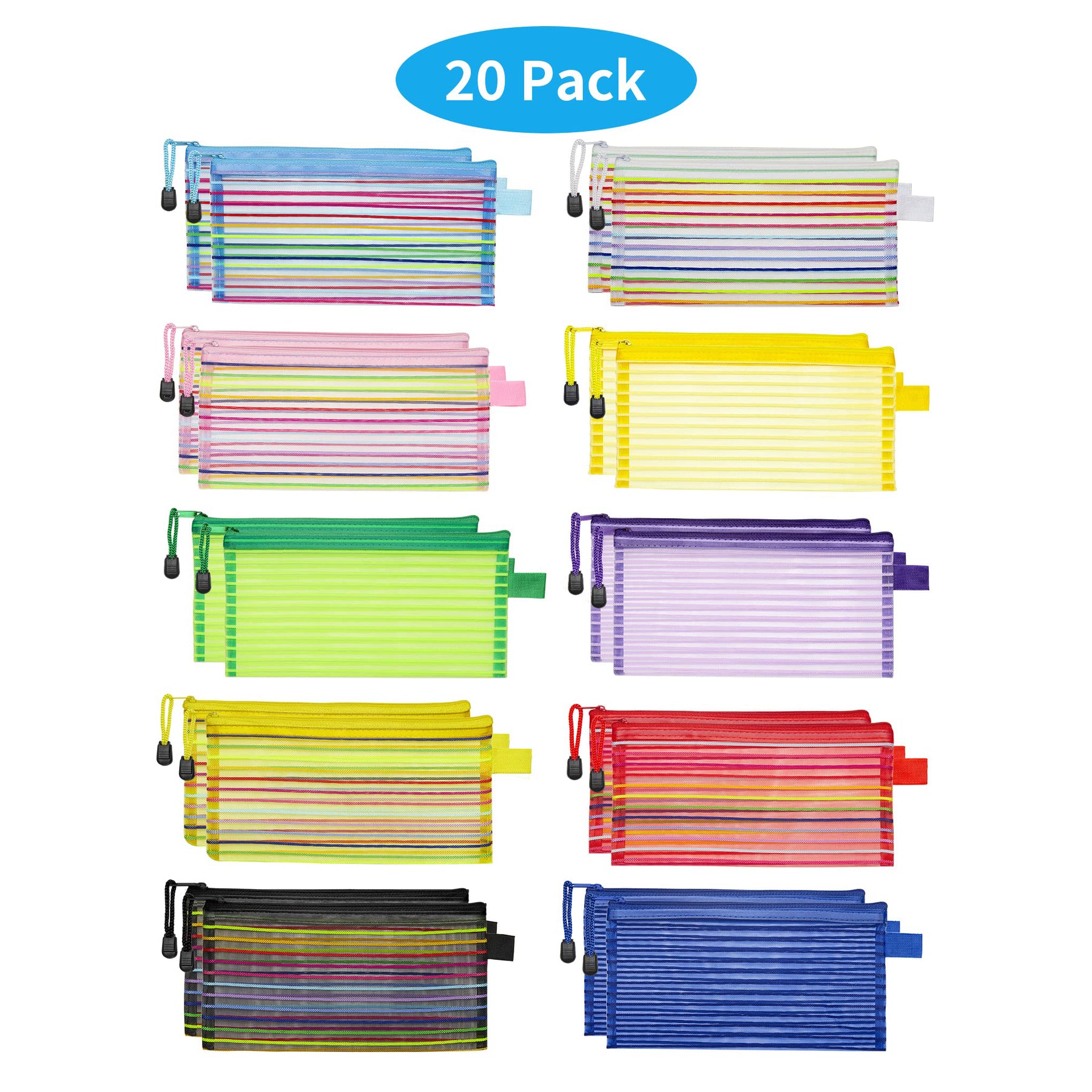 JARLINK 20 Pack 10 Colors Zipper Mesh Pouch, Pencil Pouch Pen Bag Mult