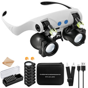 JARLINK Magnifying Glasses with LED Light, Hands Free Magnifier with 14 Interchangeable Lenses 3X 4X 5X 6X 7X 10X 15X, Magnifying Glasses for Close Work, Crafts, Jewelry, Electronics Repair (Black)