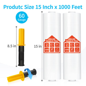 JARLINK Stretch Film, 15 Inch x 1000 Feet Shrink Wrap for Pallet Wrap, Industrial Strength Stretch Wrap with Handles, Moving Wrapping Plastic Roll, 60 Gauge