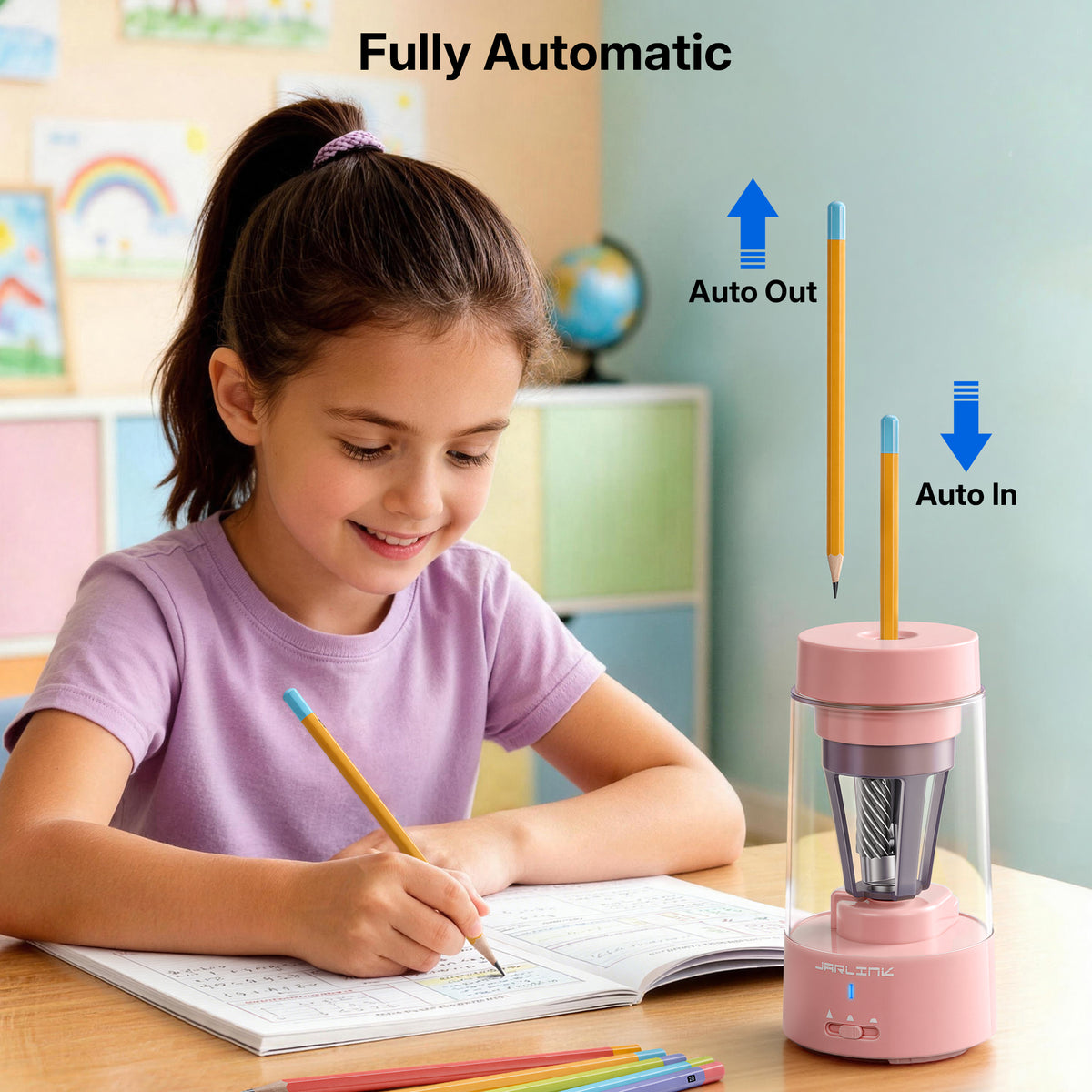 JARLINK Electric Pencil Sharpener, Fully Automatic Rechargeable Pencil Sharpener for 6-12mm Pencils, 3 Adjustable Sharpness, Hands-Free, Colored Pencil Sharpener for Classroom Home Office