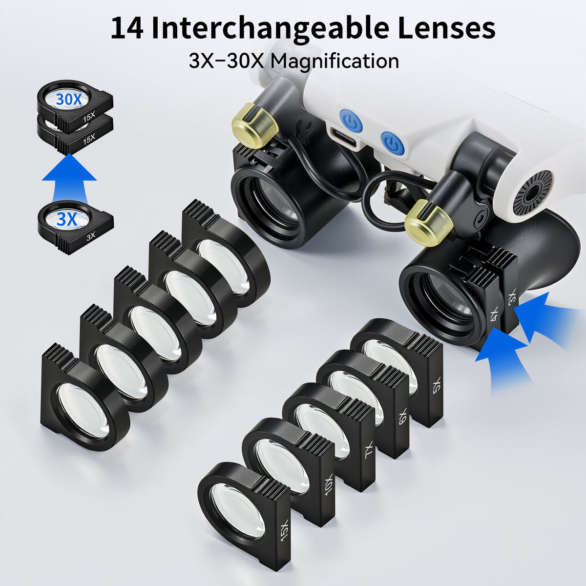 JARLINK Magnifying Glasses with LED Light, 14 Lenses, Hands Free