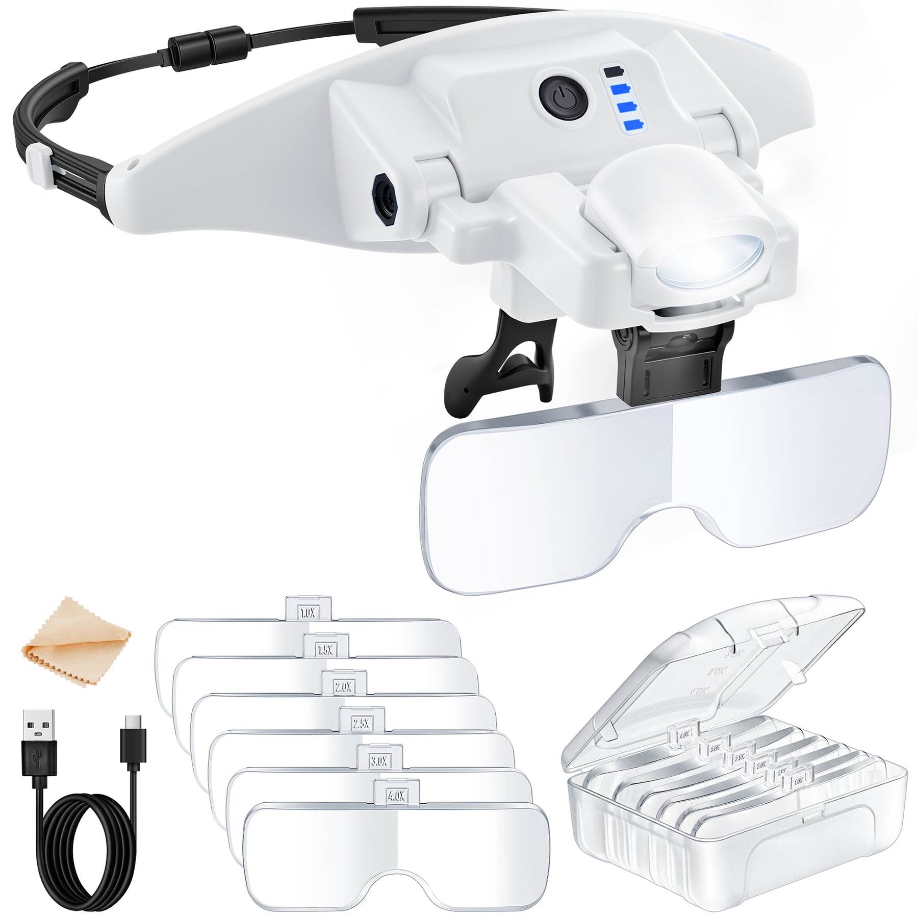 JARLINK Magnifying Glasses with Light, 6 Interchangeable Lens (1.0X-4.0X) & 3 Lighting Modes, Rechargeable Hands-Free Headband Magnifier for Jewelry, Cross Stitch Supplies, Reading, and Close Work