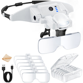 JARLINK Magnifying Glasses with Light, 6 Interchangeable Lens (1.0X-4.0X) & 3 Lighting Modes, Rechargeable Hands-Free Headband Magnifier for Jewelry, Cross Stitch Supplies, Reading, and Close Work