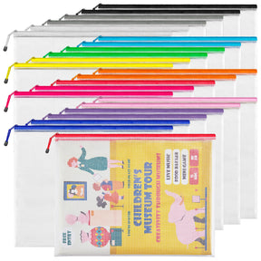 JARLINK A3 (16.9x12.4 in, 12 Pcs) Mesh Zipper Pouch, 12 Colors Extra Large Zipper Bags, Waterproof File Pouches for Office Supplies, Puzzles, Board Game, School, Travel Accessories& Craft Projects