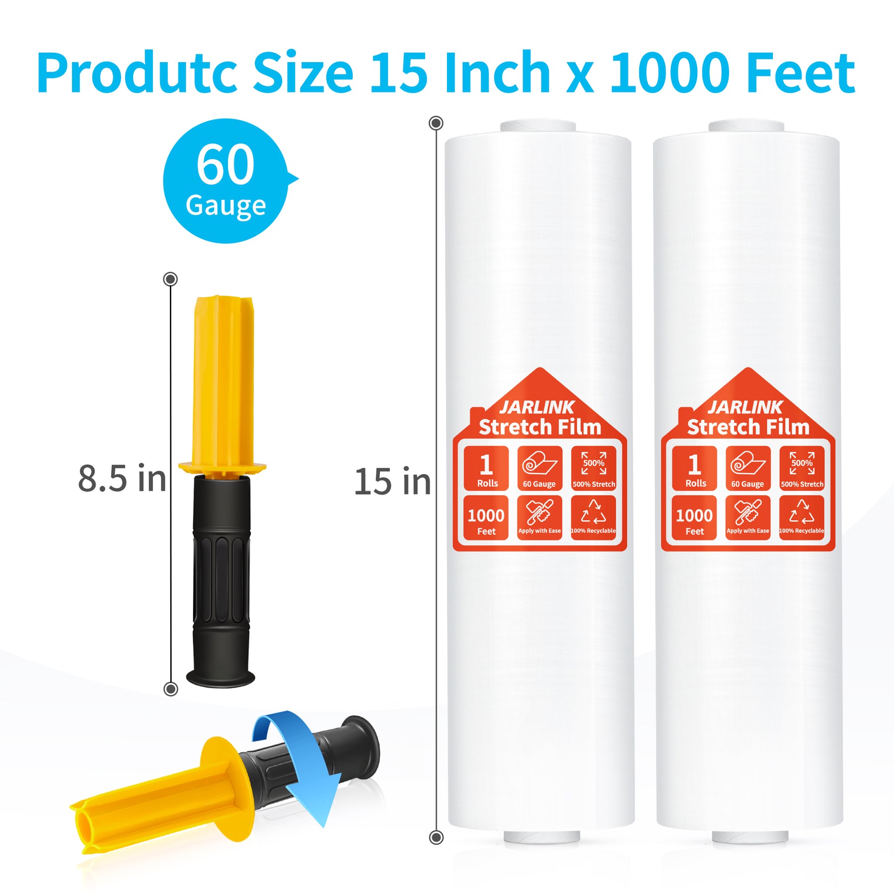 JARLINK Stretch Film, 15 Inch x 1000 Feet Shrink Wrap for Pallet Wrap, Industrial Strength Stretch Wrap with Handles, Moving Wrapping Plastic Roll, 60 Gauge