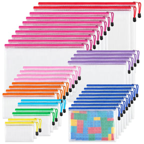 JARLINK 18 Pack 8 Sizes Mesh Pouch, 9 Colors, Waterproof Zipper File Bags Document Multipurpose Travel Bags for Office Supplies Cosmetics Travel Accessories