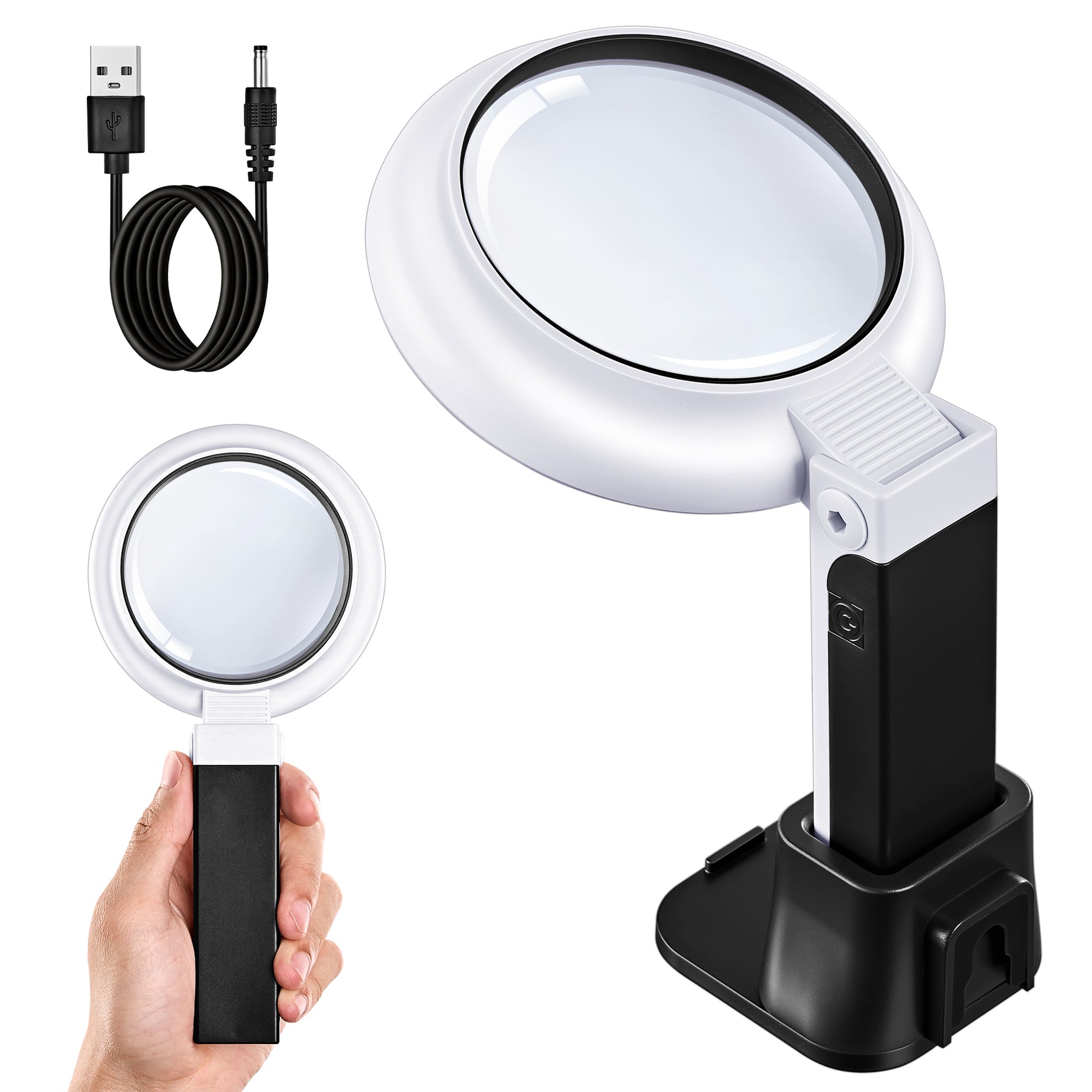 JARLINK Magnifying Glass with Light and Stand, 3-Mode Illuminated Magnifier for Seniors Reading & Close Work, Handheld Foldable Magnifier for Jewelry, Coins, Crafts